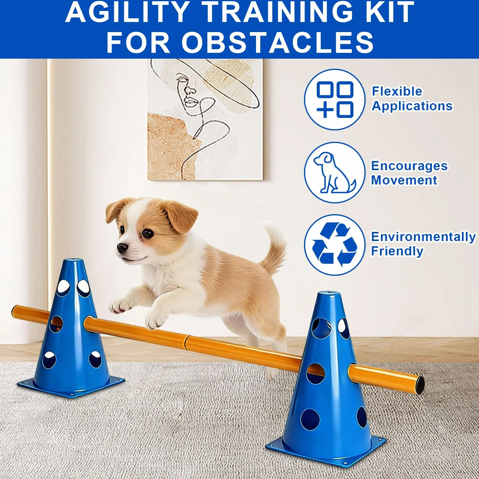 Agility zestaw dla małych psów Cavaletti, płotki wtykowe, akcesoria treningowe, 10 stożków, 5 drążków