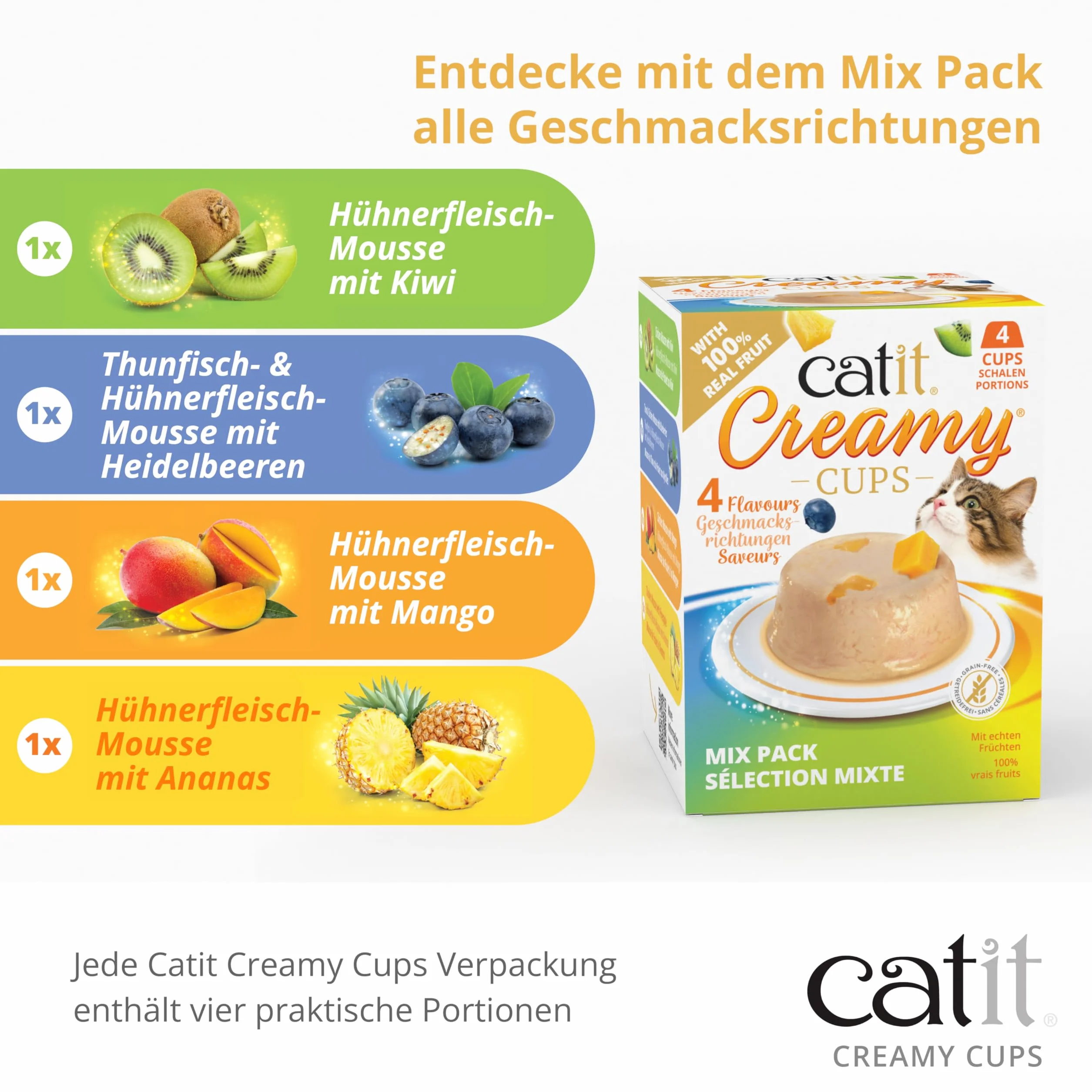 Catit Creamy Cups dla kotów, tuńczyka, kurczaka i żurawiny, 4x25g