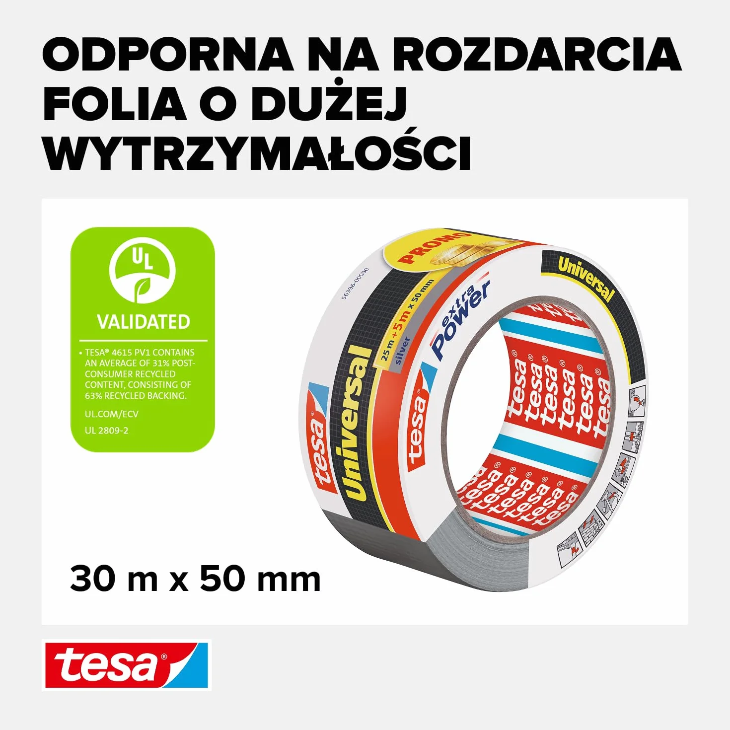 tesa extra Power uniwersalna taśma dwustronna - bardzo mocna taśma samoprzylepna - uniwersalna taśma dwustronna do napraw, mocowania, uszczelniania i nie tylko - szara - 1 rolka - 30 m x 50 mm