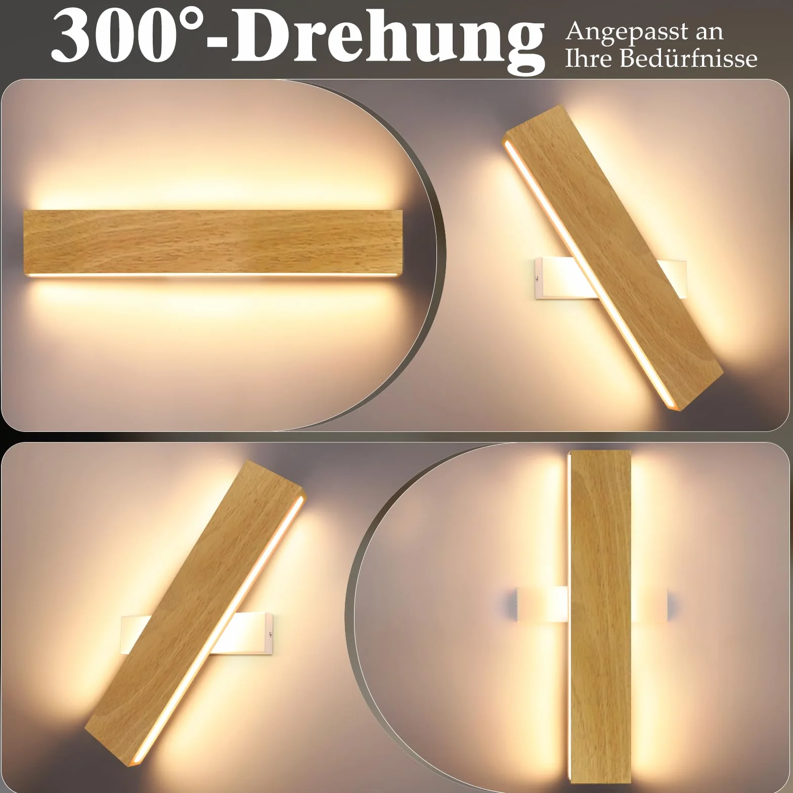 ZMH LED Wall Light Kryty kinkiet 32CM Drewniana 10W 3000K Ciepła biała Oświetlenie ścienne