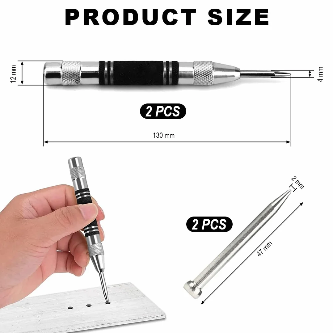 Aililong Grain Center Punch, automatyczne narzędzia z 2 wymiennymi końcówkami do metalu, drewna, szkła i blach stalowych, 2-częściowy 130mm x 12mm