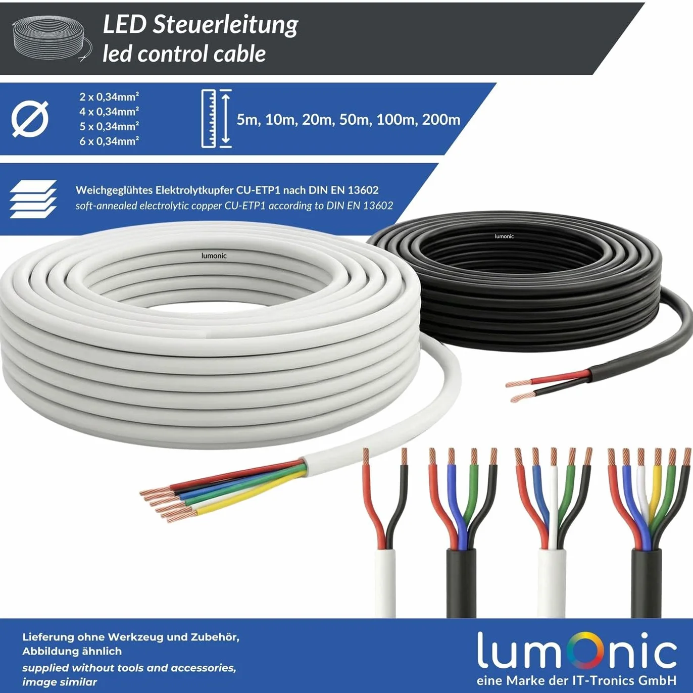 Lumonic 6x0,34mm² RGBW CCT LED Kabel sterujacy 10m | 6-zylowy elastyczny przewód w oslonie | LiYY Rozszerzenie, Kabel zasilajacy, Przewód zasilajacy LED, Kabel sterujacy