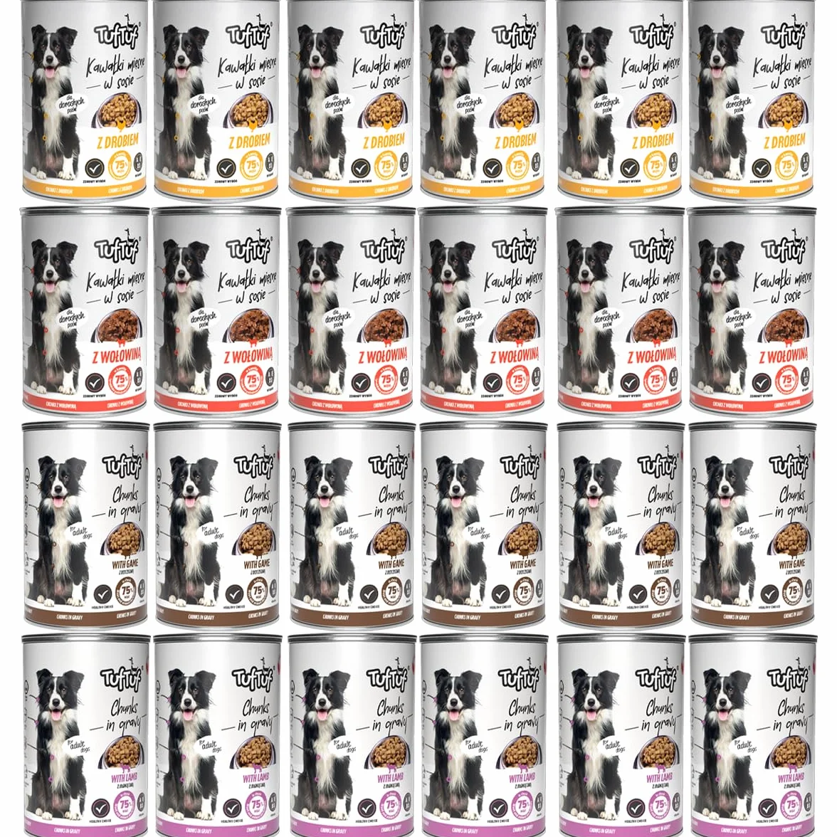 TufTuf, Mokra Karma dla Psa, Mix Smaków (Drób, Wołowina, Jagnięcina, Dziczyzna), 415g x 24 Puszki, Kawałki Mięsne w Sosie, Pełnoporcjowa, dla Psów Dorosłych