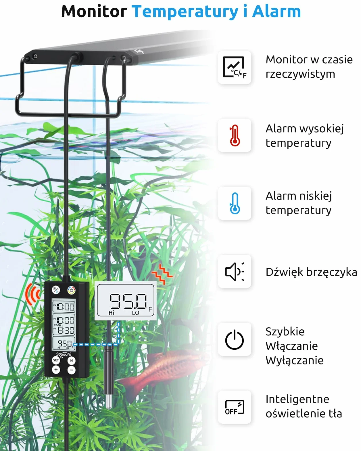 SEAOURA Aquarium Plant Light with Temperature Detector, 18-24in Full Spectrum Fish Tank Lights, 24/7 Programmable with Power off Memory, WRGB Custom, 20 Level Dimmable for Freshwater Aquariums