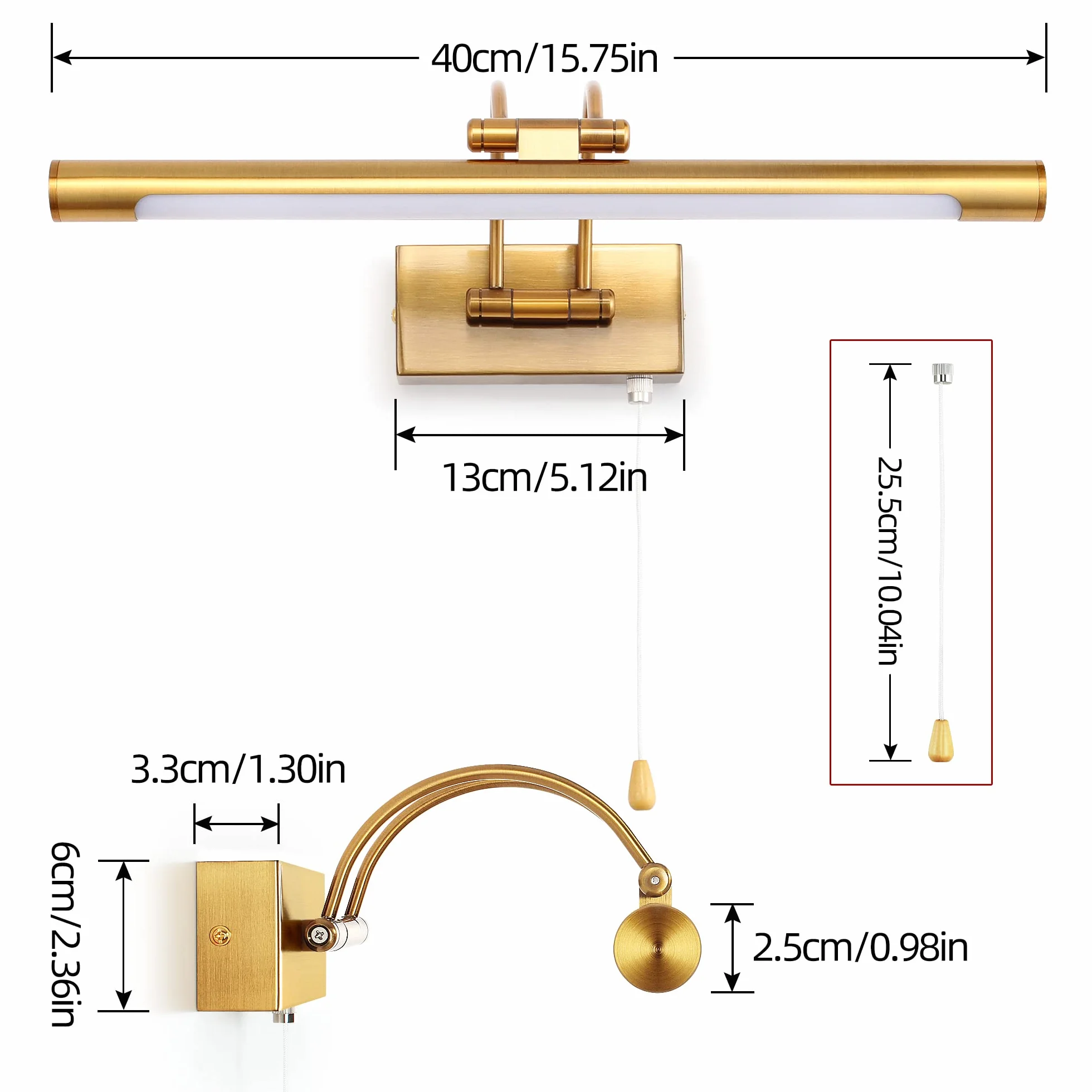 LED 8W IP44 Lustrzana lampa ścienna Oświetlenie łazienkowe Mosiężne oświetlenie wewnętrzne Z przełącznikiem 40cm 3000K Kinkiety do obrazów i gablot Regulowane ramię Lampy do czytania
