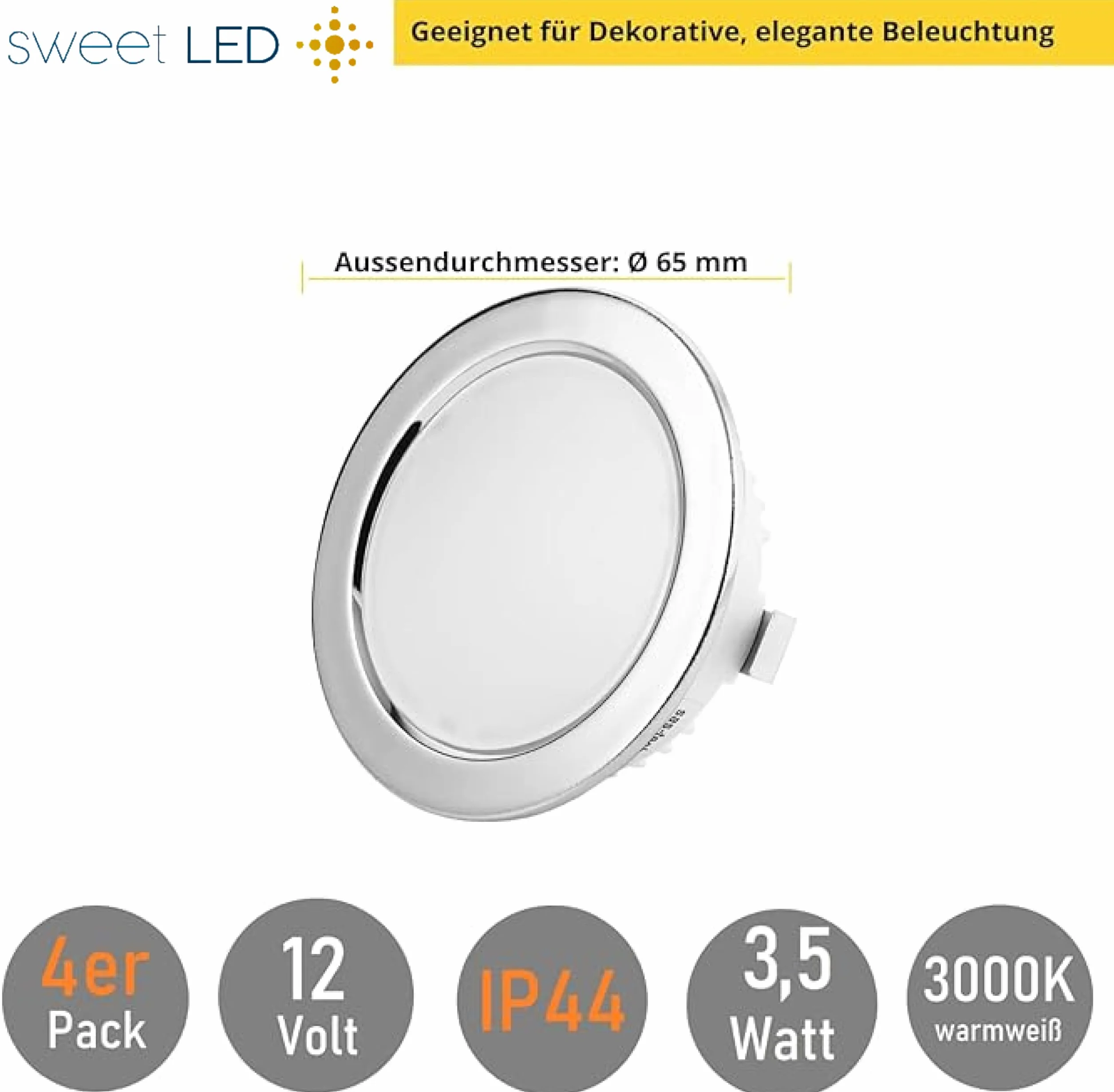 sweet-led zestaw 4 szt. mini ultra płaskie okrągłe lampy meblowe do zabudowy, IP44 ochrona przed pryskającą wodą - wilgotne pomieszczenia, wpuszczany reflektor LED do mebli w kuchni i łazience, reflektor punktowy spot, ledowe oczko 250 lumenów 3.5W 12 V (