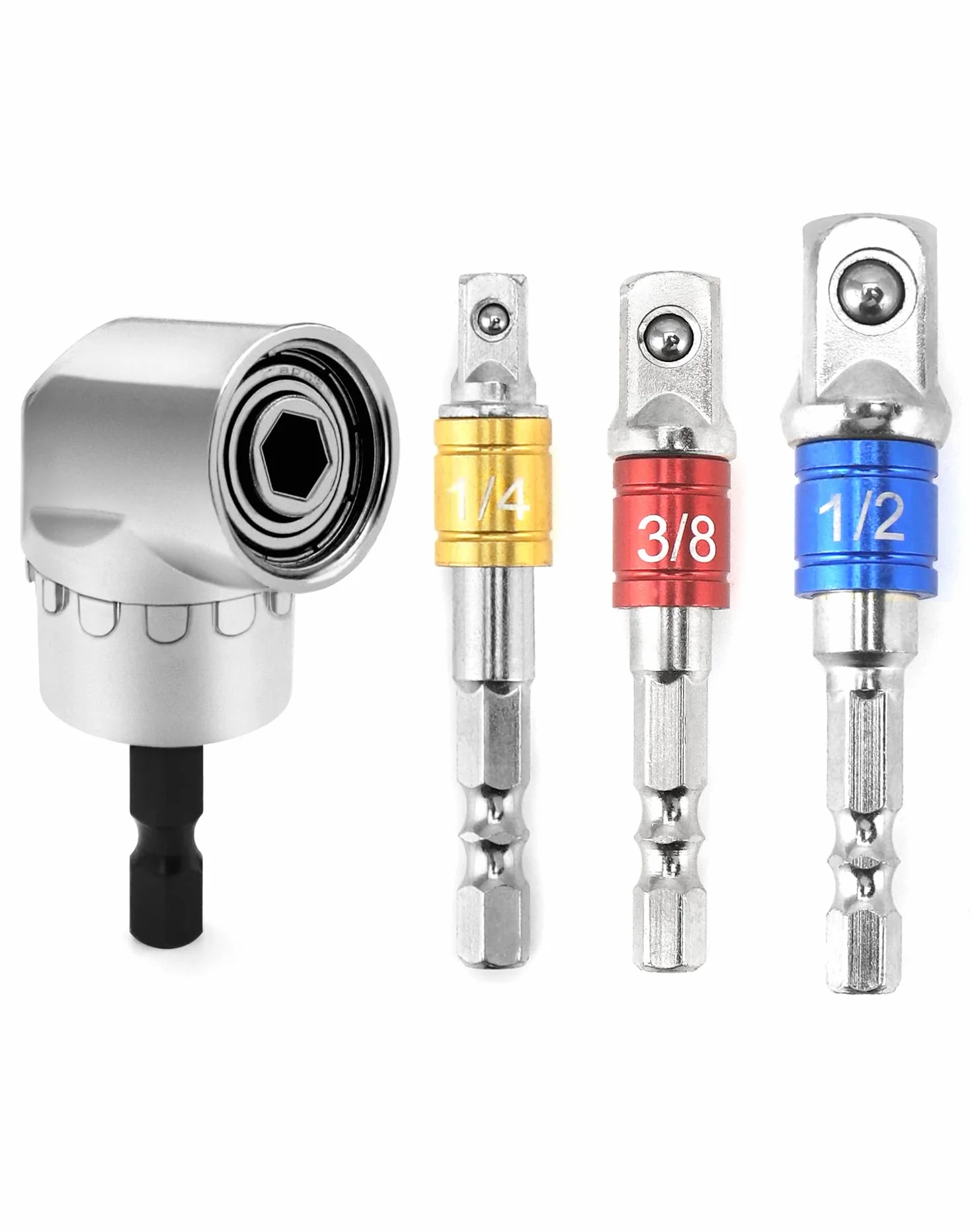QWORK® Adapter do wkrętarki kątowej 105°, adapter kątowy do wkrętarki akumulatorowej, wiertło z chwytem sześciokątnym, z 3-częściowym adapterem nasadowym 1/4" 3/8" 1/2"