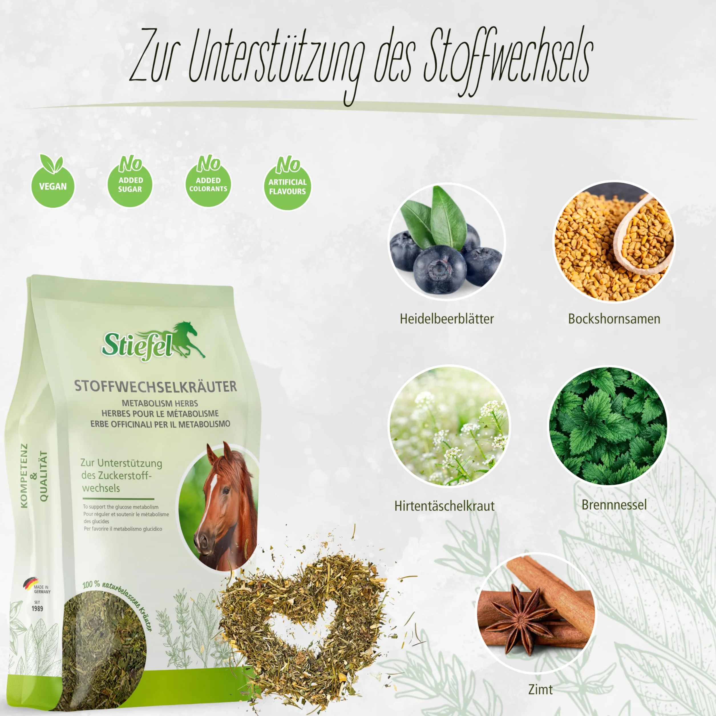 Stiefel Zioła metaboliczne dla koni, 100% naturalna mieszanka ziół, może wspomagać przemianę materii, 1 kg