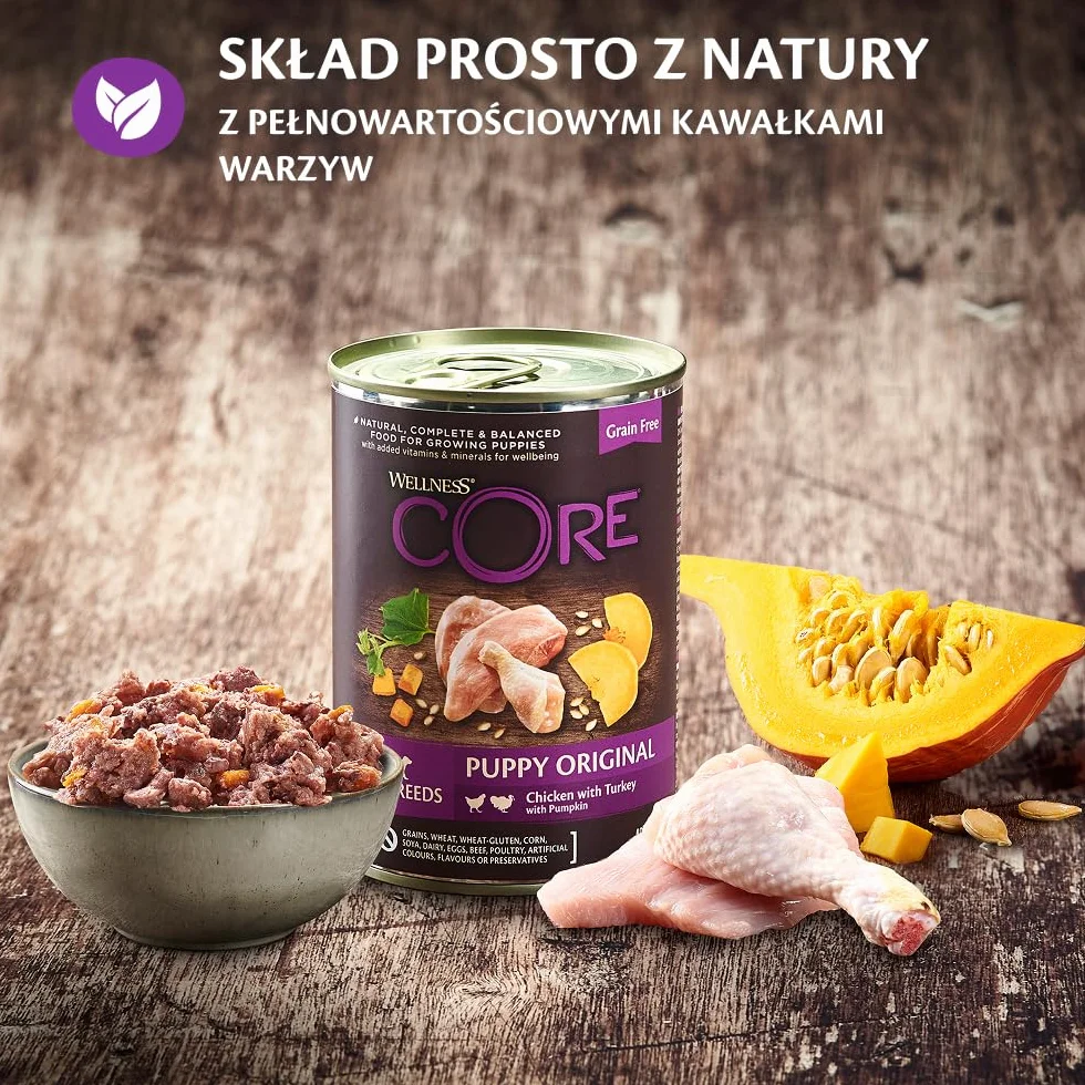 Wellness CORE 95% 6 x 400g, Kurczak i Indyk – Mokra Karma, Pasztet typu Chunky dla Szczeniąt, Bezzbożowa, Naturalna, Hipoalergiczna, Bogata w Białko, o Wysokiej Zawartości Mięsa