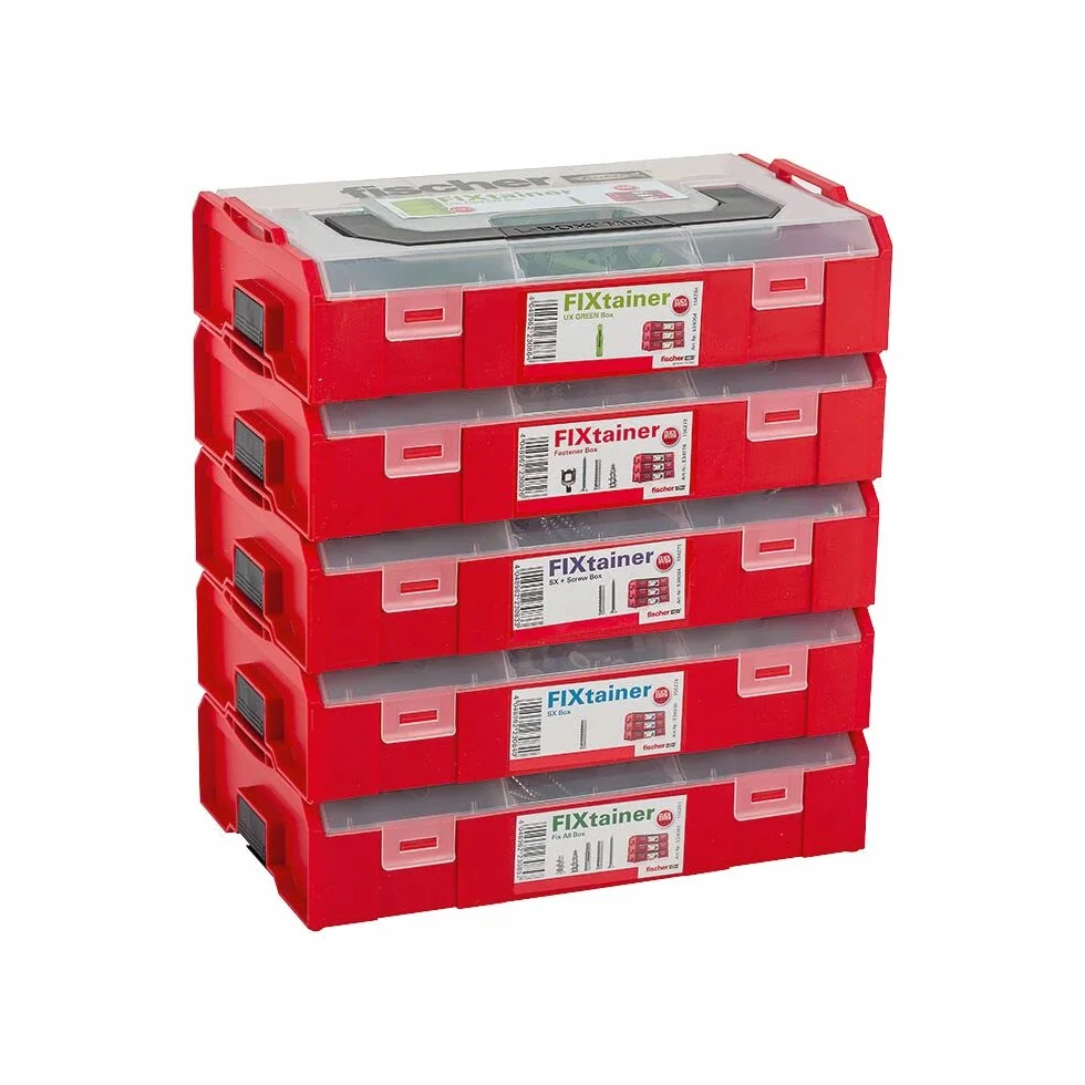 fischer FixTainer DuoPower ze śrubą, pudełko na kołki z 210 śrubami i kołkami DuoPower (60 szt. 6 x 30, 30 szt. 8 x 40, 15 szt. 10 x 50), uniwersalny zestaw do mocowania