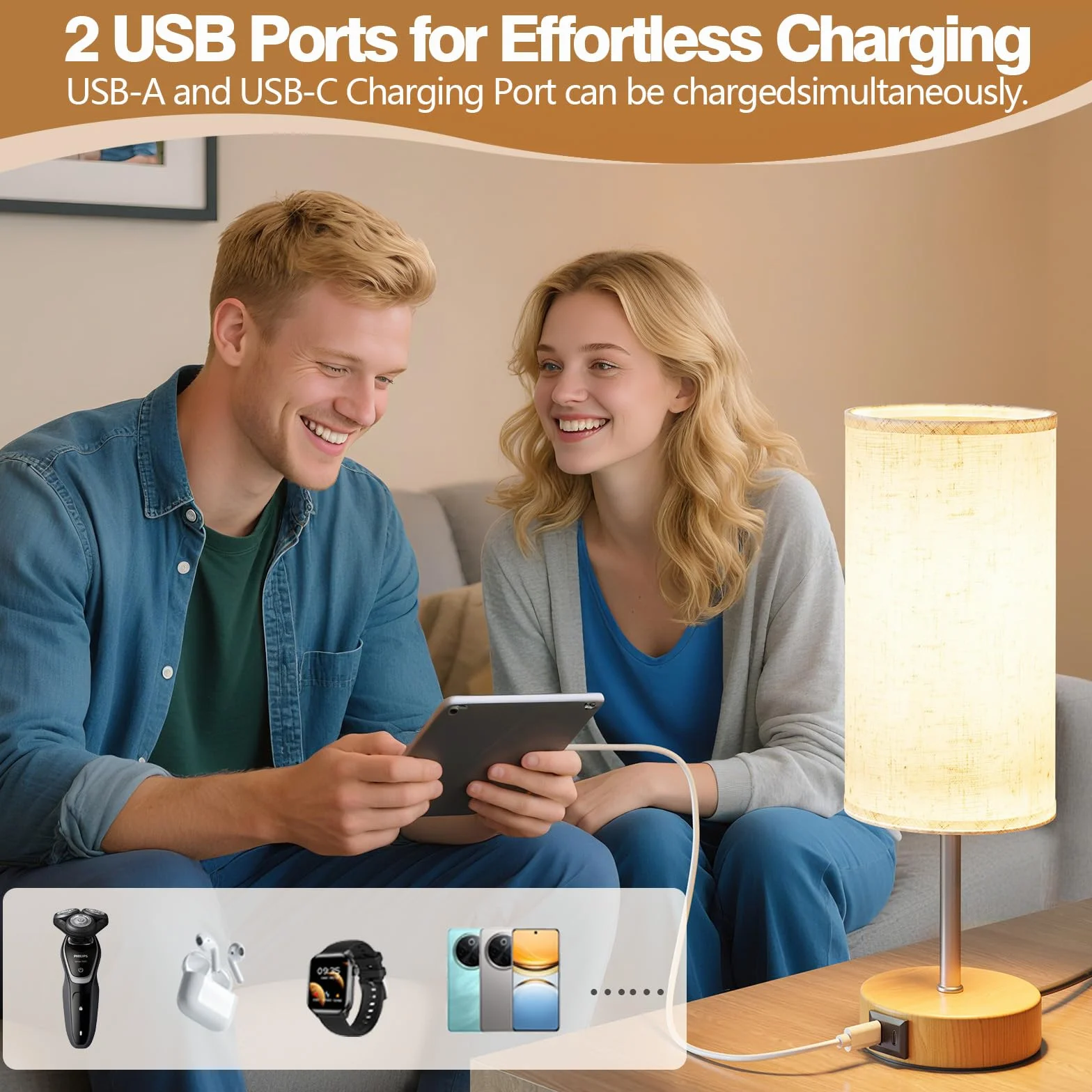 Lampka nocna z funkcją ładowania przez porty USB A i USB-C, dotykowa lampka nocna, ściemniana, 3 stopnie ciepłego światła, do sypialni i salonu, przewód zasilający 1,5 m (żarówka E27 w