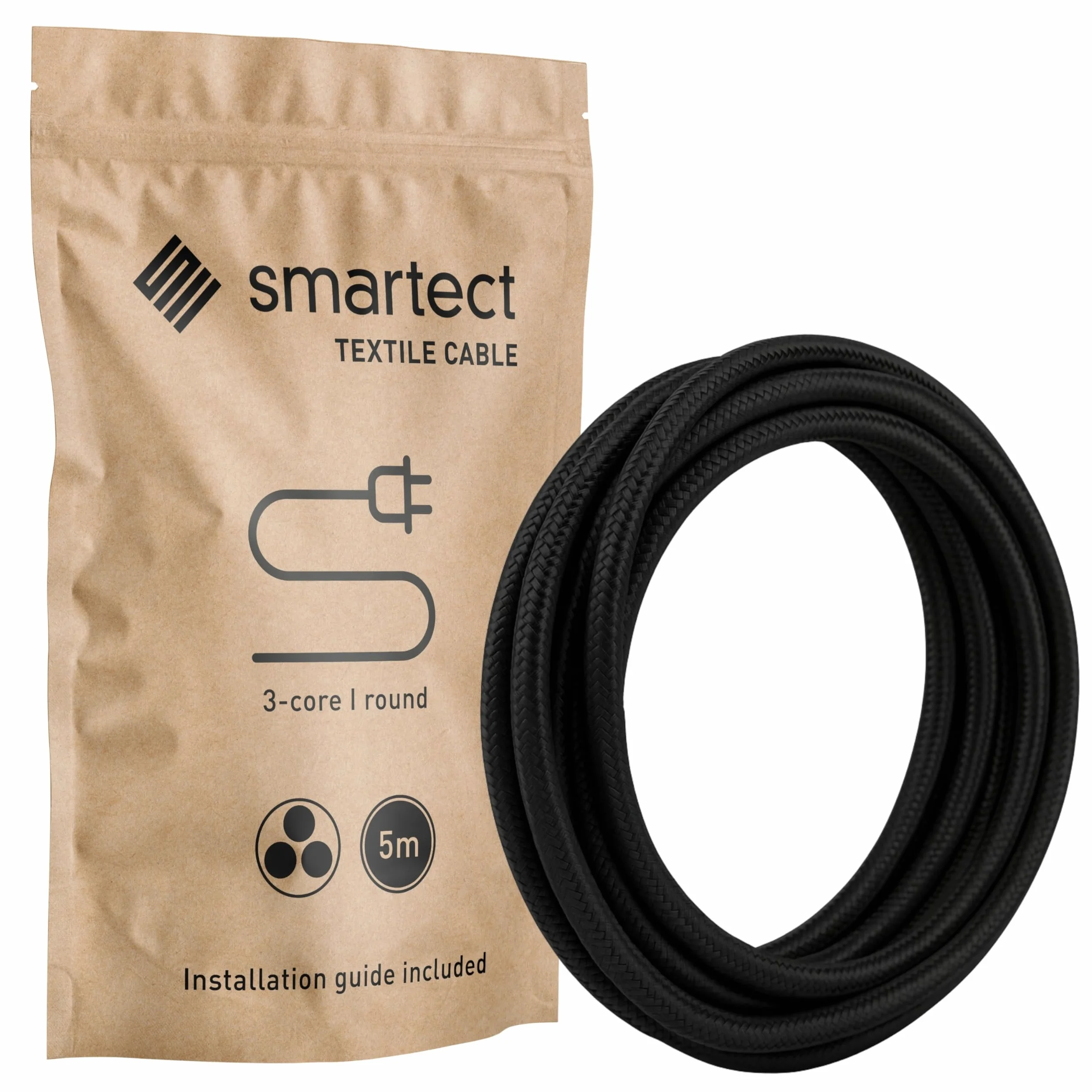 smartect Czarny Kabel Tekstylny, 5 Metrów Kabel w Oplocie Elektryczny, 3 Żyłowy (3 x 0,75 mm²) Elektryczny Kabel w Oplocie Tekstylnym do Własnych Projektów DIY