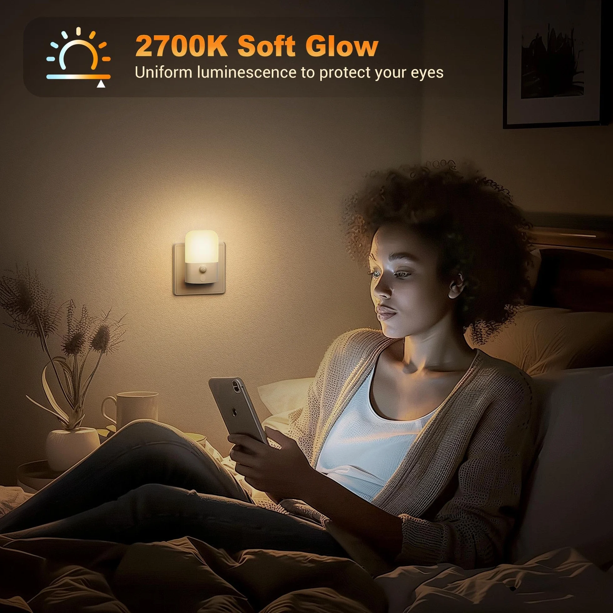 JandCase Lampka nocna z czujnikiem ruchu, 5 poziomów jasności, tryb ON/OFF/AUTO, 1W, 2700 K, ciepła biel, lampka nocna dla dzieci, do przedpokoju, schodów, sypialni, salonu, [zestaw 2 sztuk]