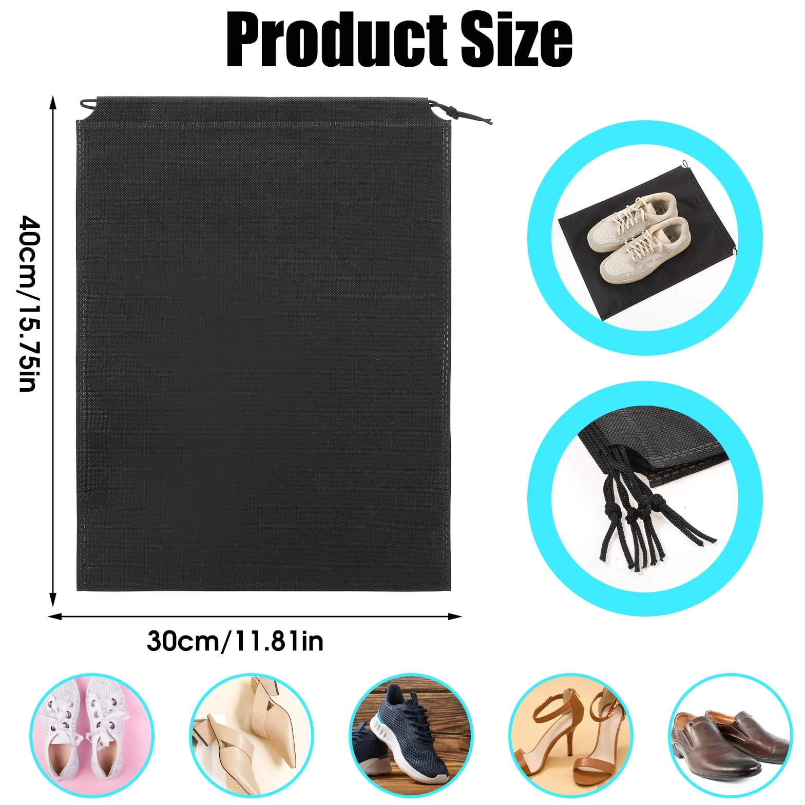 4szt. workowe walizki na buty, duże, łatwe do przenoszenia, worki na buty, nietkane, pyłoszczelne, torby na buty z sznurkiem, torby na buty, czarne, 40 × 30 cm, dla mężczyzn i kobiet, do domu, sportu