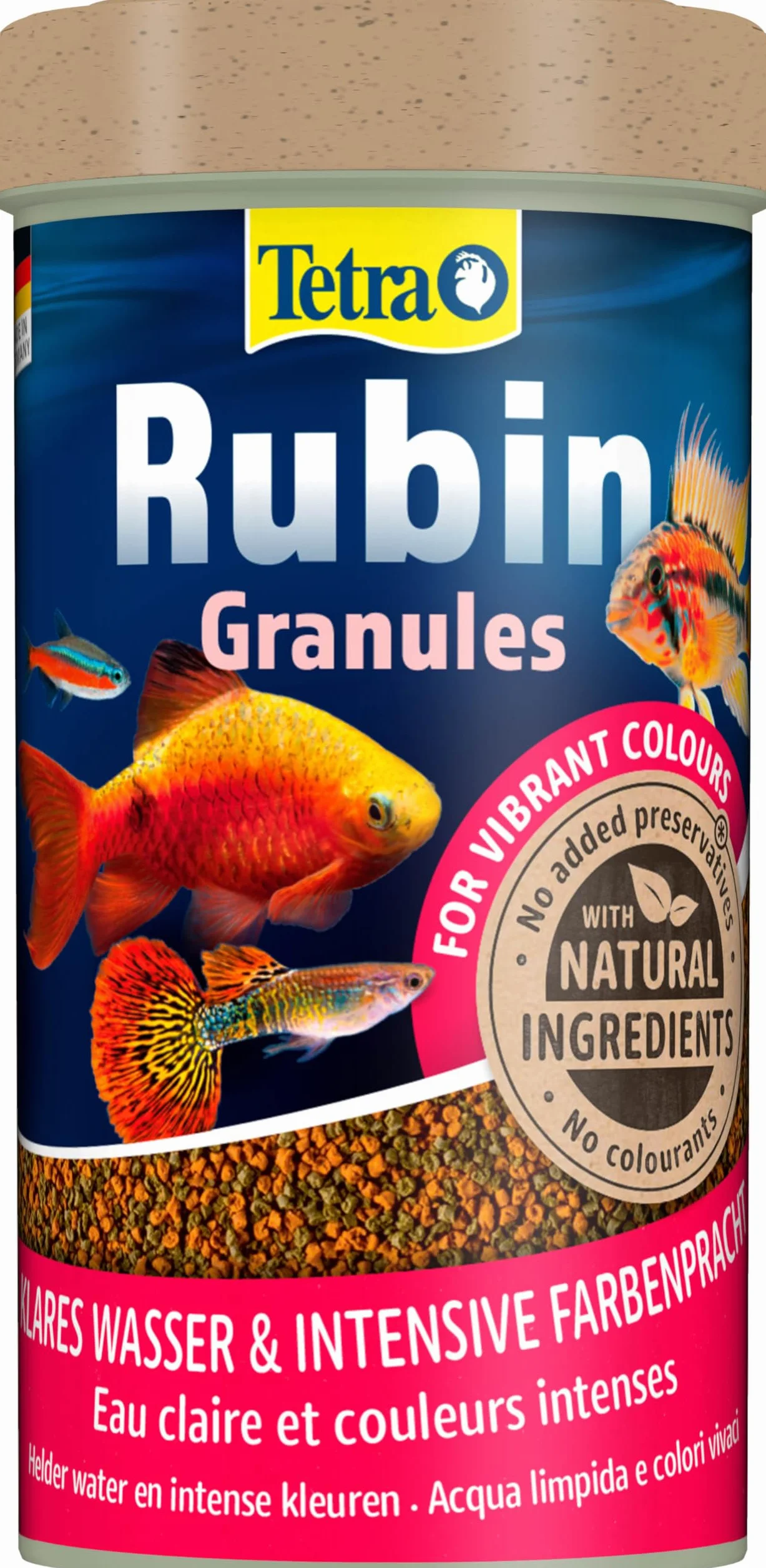Tetra Rubin Granules – karma dla ryb w postaci granulatu z naturalnymi wzmacniaczami kolorów, idealna dla wszystkich ryb w środkowej warstwie wodnej akwarium, puszka 250 ml