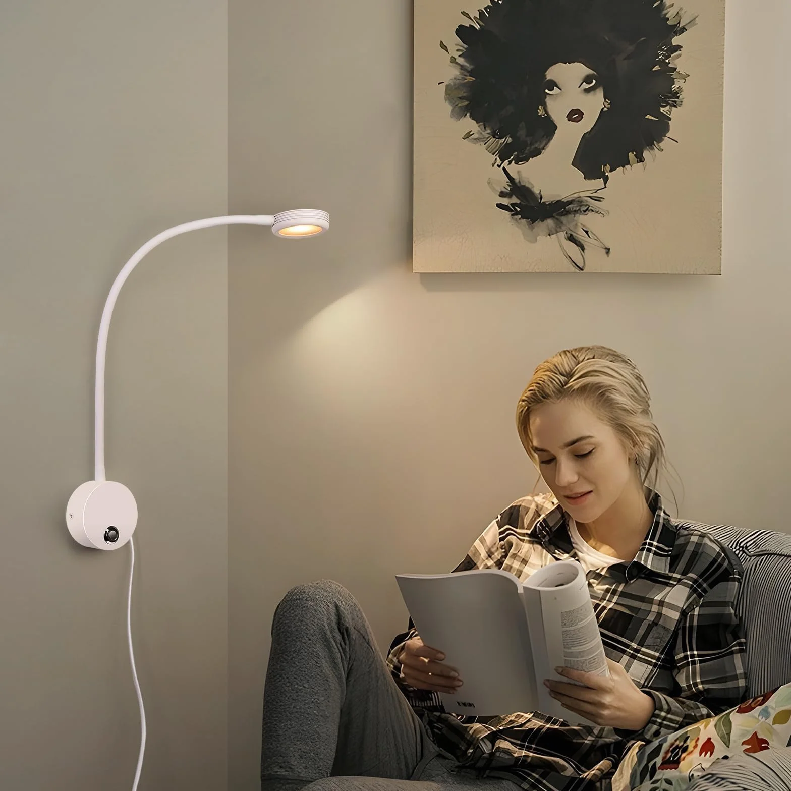 ERWEY 2 lampki do czytania na ścianie, czytnik nocny z przełącznikiem dotykowym 3000-6000 K, port ładowania USB, 4 W obrotowy czytnik do łóżka z gniazdem i kablem do sypialni (biały)