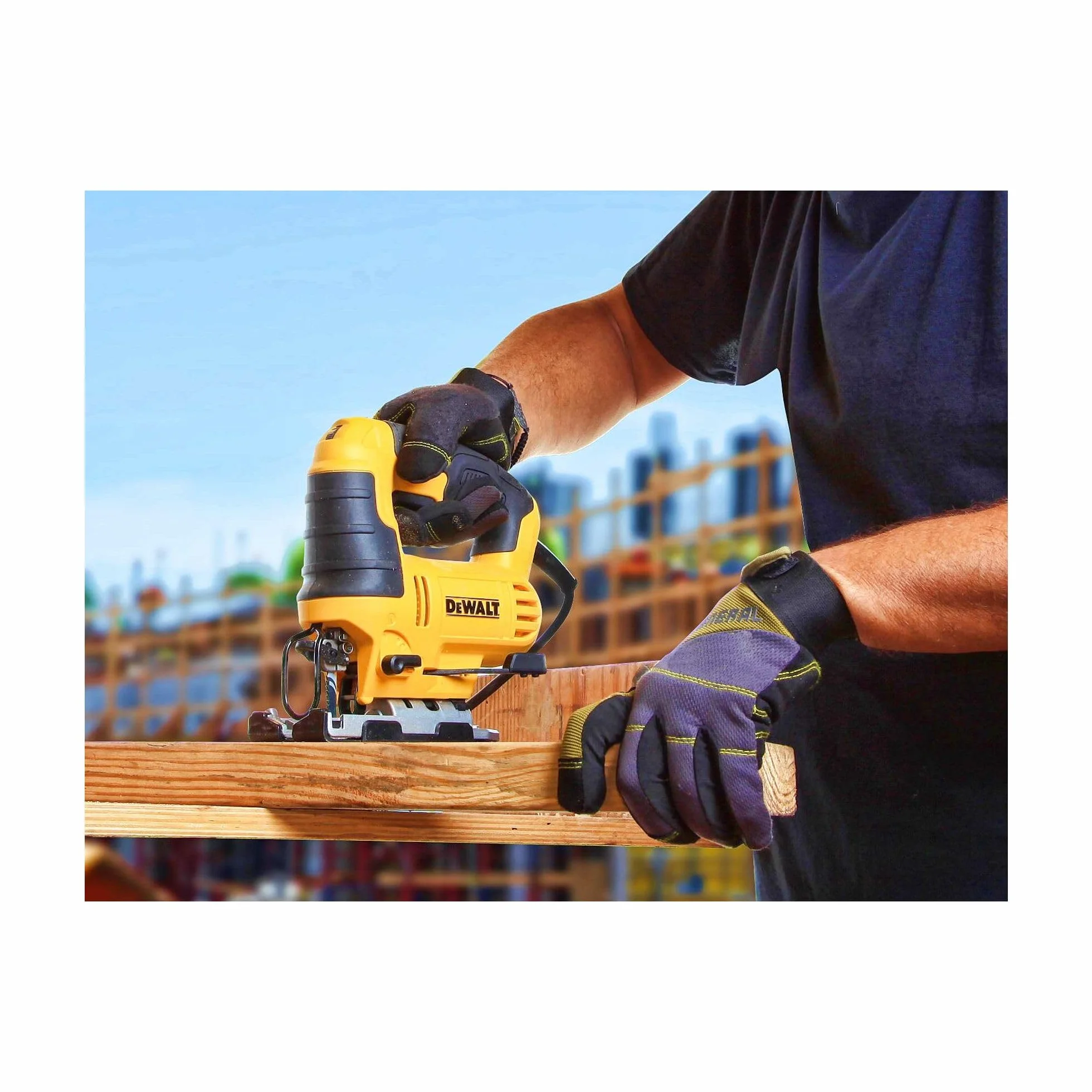 Dewalt Wyrzynarka wahadłowa 650 W DWE349 (3-krotny skok wahadłowy, z dmuchawą, wytrzymały aluminiowy but do piły, regulowany kąt nachylenia bez użycia narzędzi, w zestawie nakładka ochronna na but