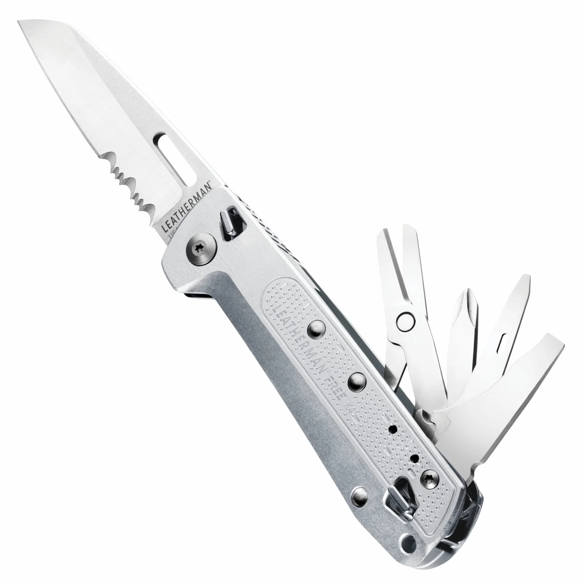 Leatherman Free K4x Multi-Tool – 9 w 1 z Ostrzem Kombinowanym i Nożyczkami, Magnetyczne Otwieranie, Zdejmowany Klips - Srebrny