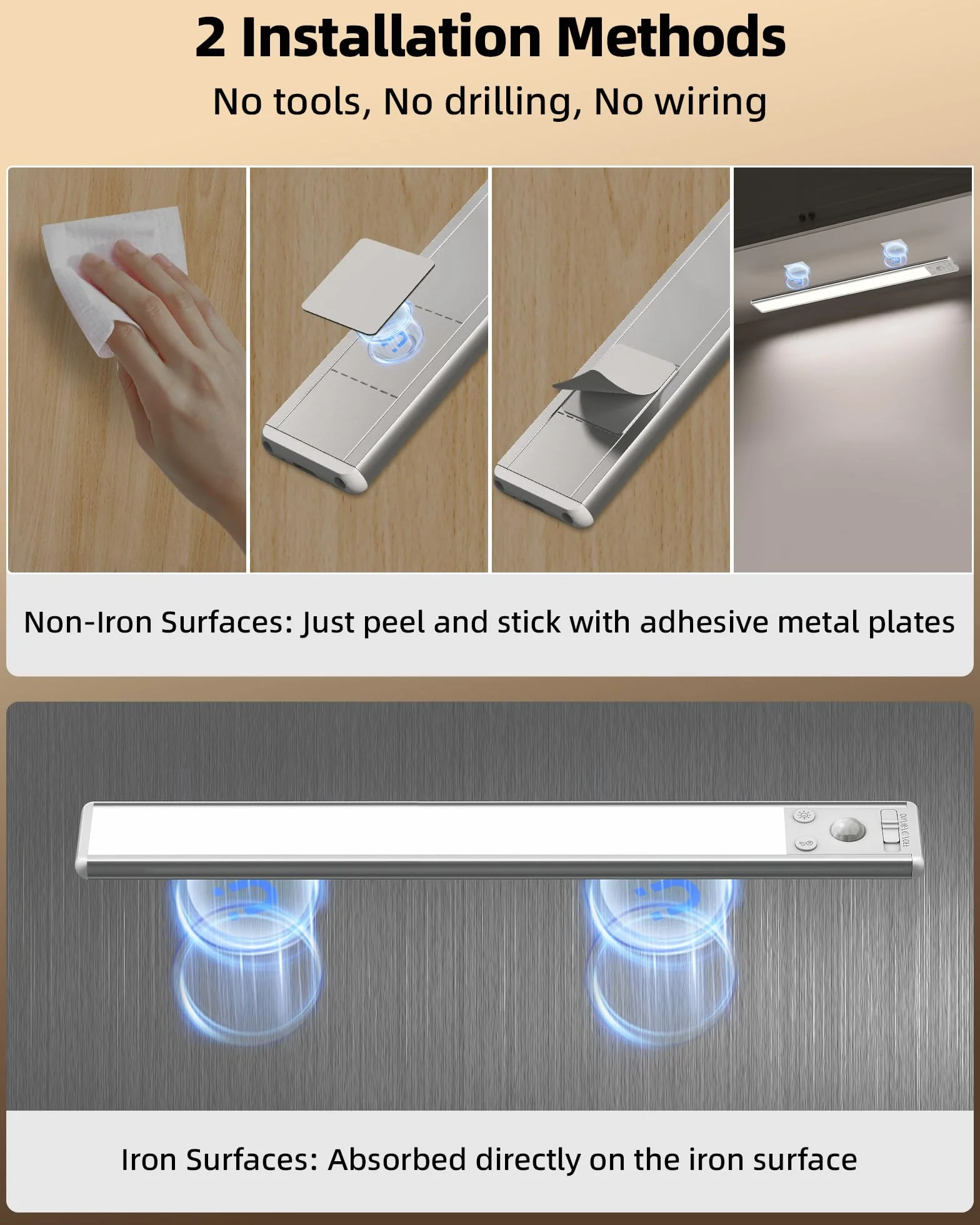 EZVALO Oświetlenie szafki LED, 37 cm, 134 diody LED, bezprzewodowe, z czujnikiem ruchu, 3200 mAh, ładowane, 3 tryby kolorów, możliwość ściemniania, oświetlenie szafy, kuchni, srebrny (2 sztuki)