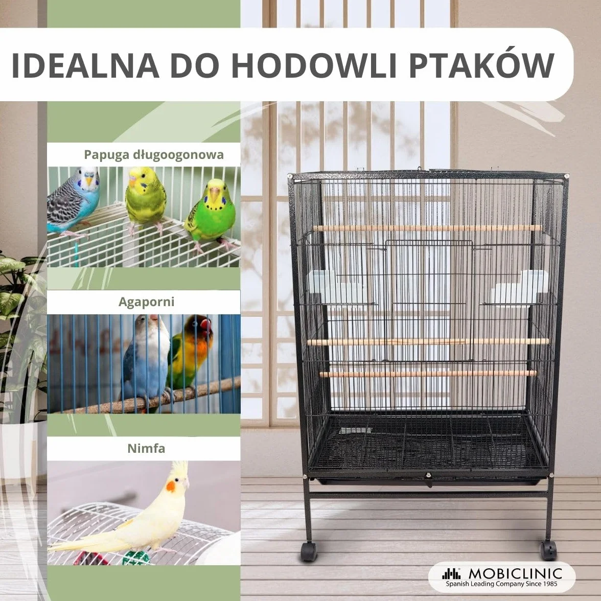 Mobiclinic® pets, Klatka dla ptaków, Nymph, Kółka transportowe, Hamulce, Otwieranie od góry, Wyjmowana taca, 8 drzwiczek, Duż rozmiar