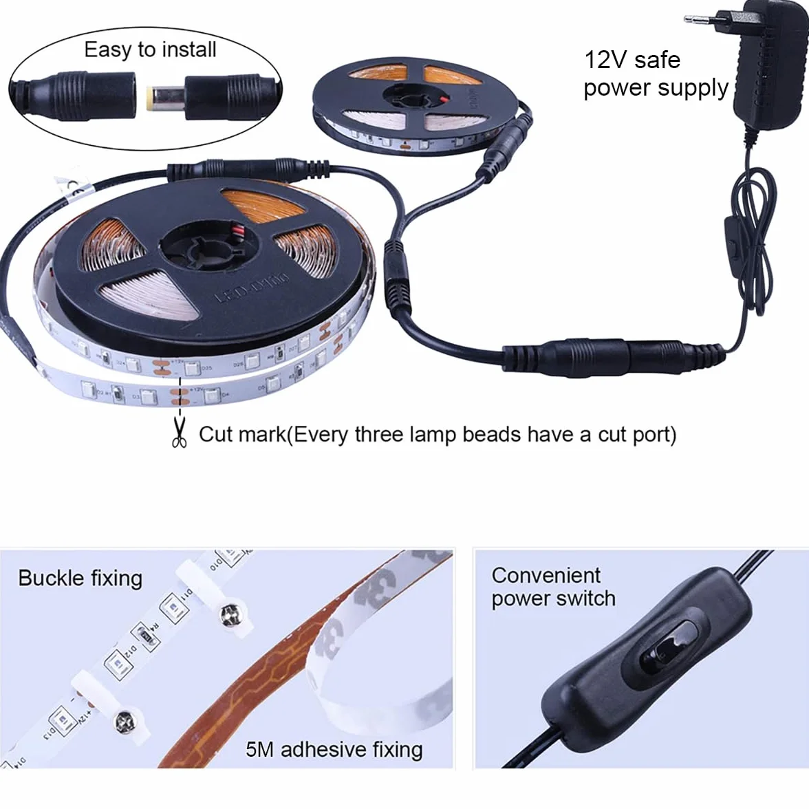 Eleganted Taśma LED UV 5 m, czarne światło, z zasilaczem, 12 V, elastyczna taśma 300 diod LED, samoprzylepna, 2835, listwa świetlna UV, na imprezę, do baru, neonowego koloru, klubu, dyskoteki,