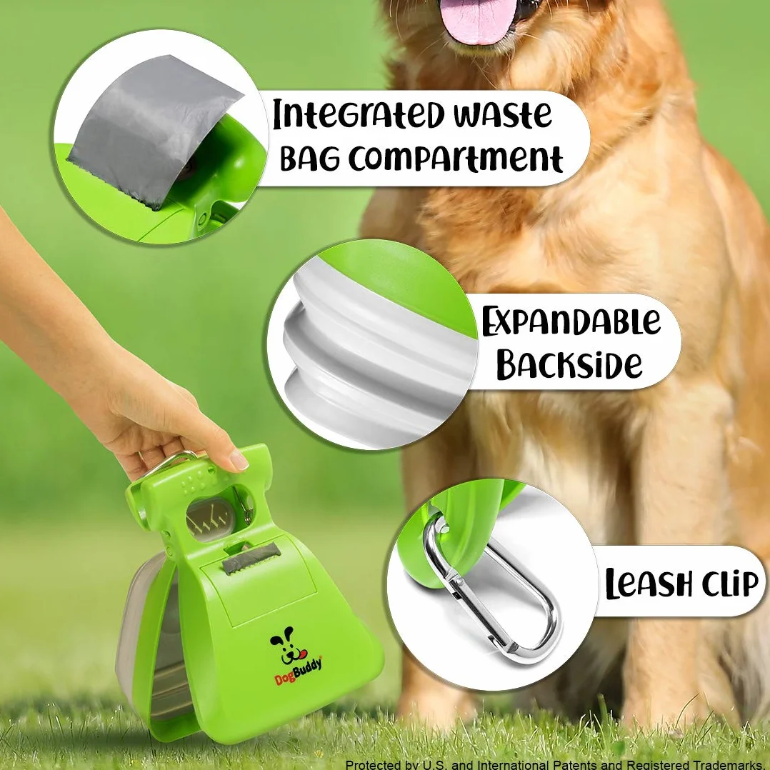 DogBuddy Przenośna szufelka na odchody dla psów, z dozownikiem torby i klipsem do smyczy, średnia, kiwi