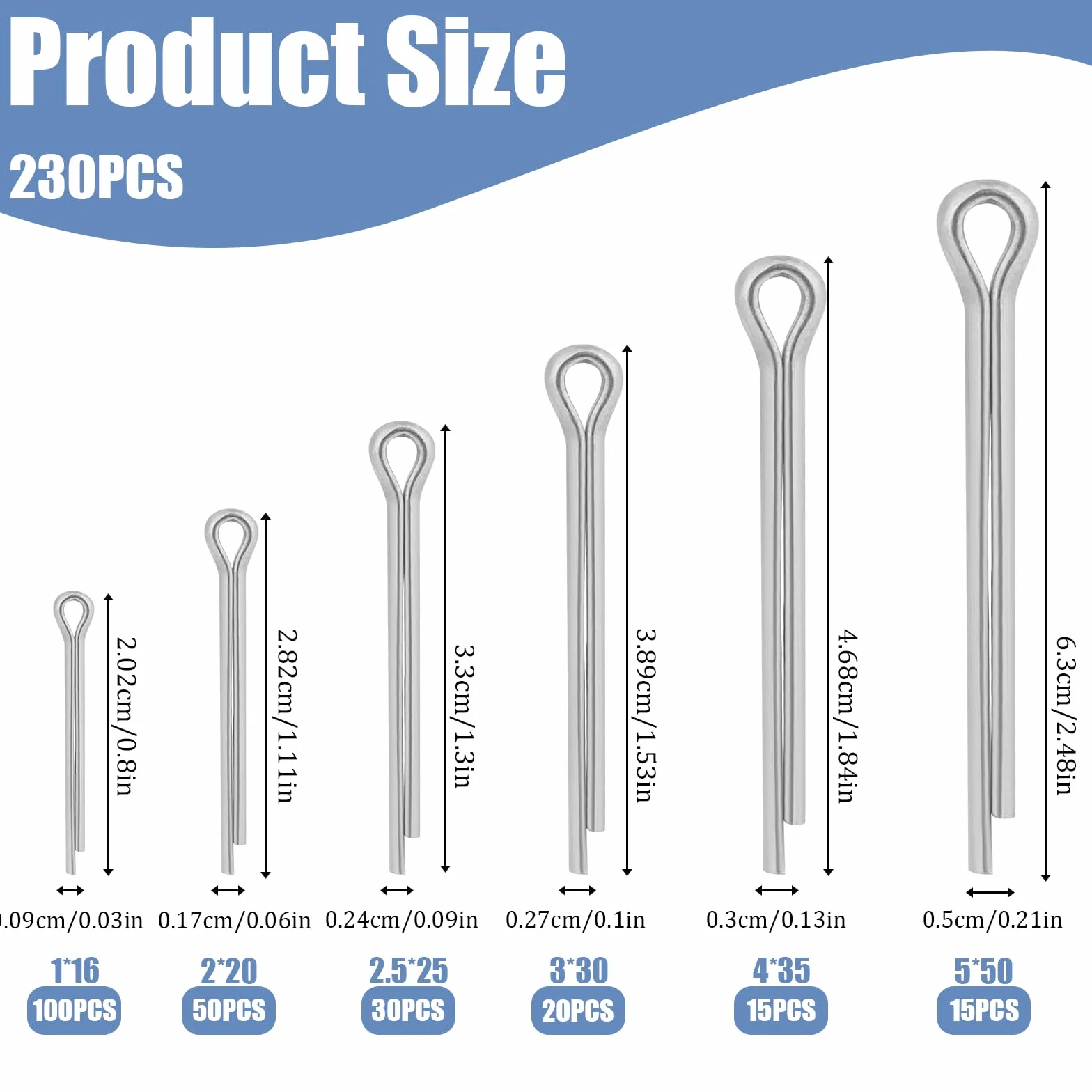 Zestaw 230 sztuk zawleczek zabezpieczających Cotter Pins ze stali nierdzewnej, do zawleczek w 6 rozmiarach, z pudełkiem do przechowywania, do samochodów, kosiarek, przyczep kempingowych, narzędzi