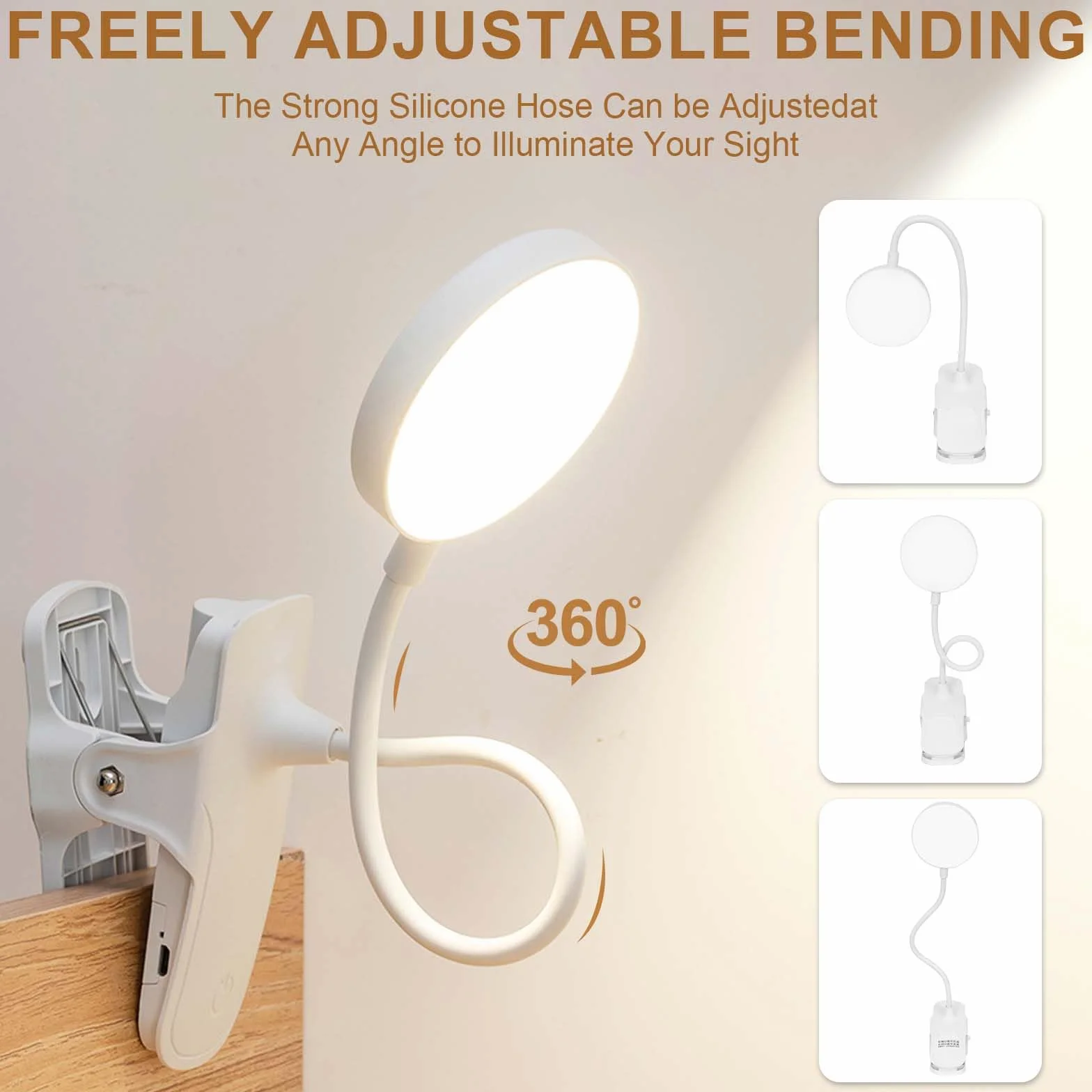 Lampa LED USB z klipsem dotykowym, 3 tryby oświetlenia, regulowana jasność, ochrona oczu, do biura, czytania, dla studentów, do akademika