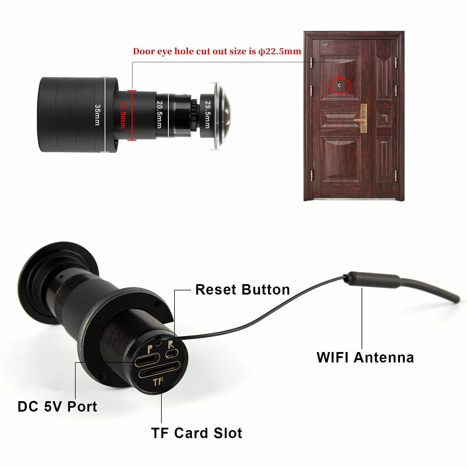 Syuantech Szerokokątna kamera CCTV 1080p 180 stopni z otworem na drzwi - Mini wizjer - WiFi Connect V380 Pro App (obiektyw rybie oko 1,78 mm)