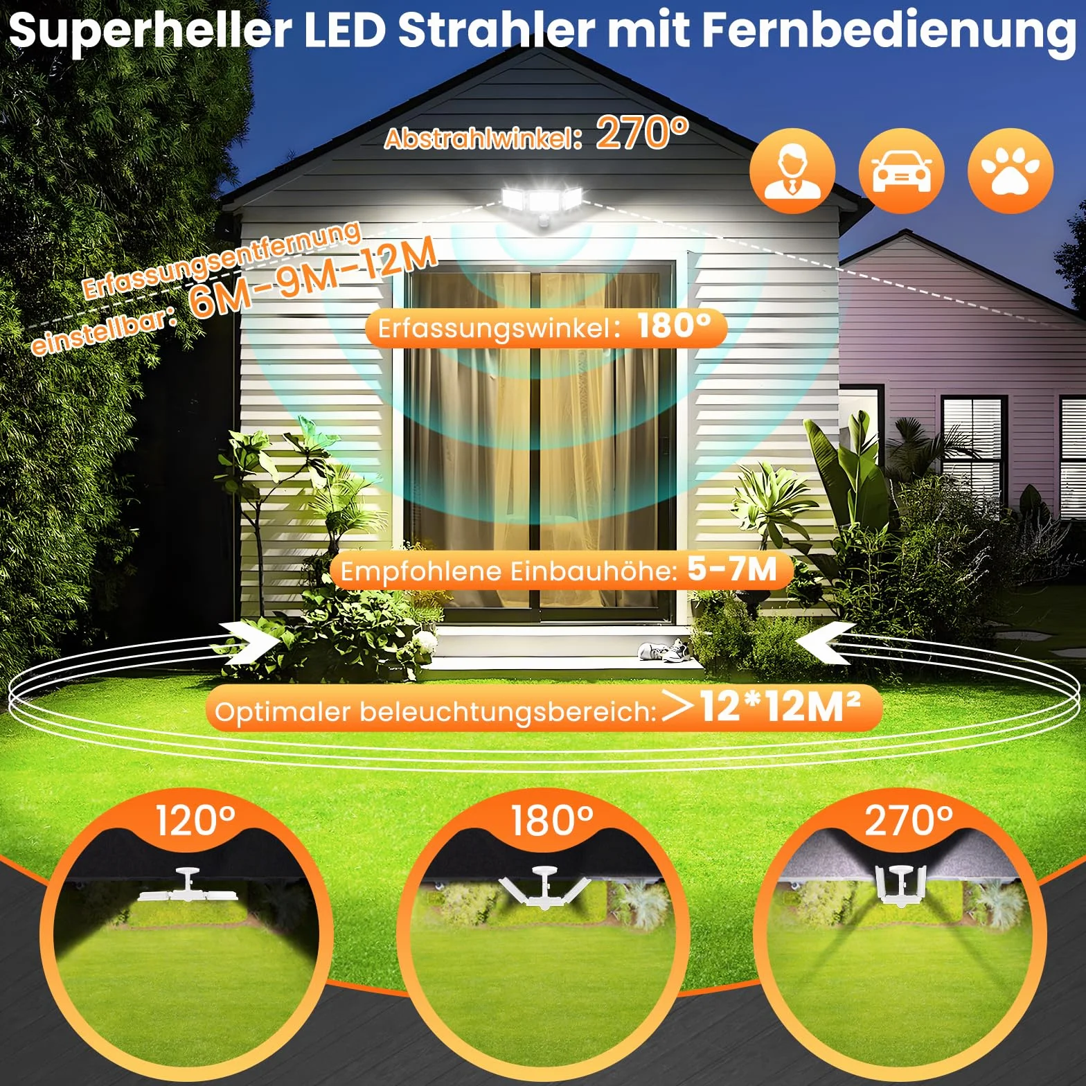 MEIKEE 70W Reflektor LED z czujnikiem ruchu, 700-6800LM, 6500K, 3 tryby, 10 poziomów jasności, wodoodporny IP66, oświetlenie punktowe led Z pilotem, trzygłowicowy, regulowany o kącie 180°