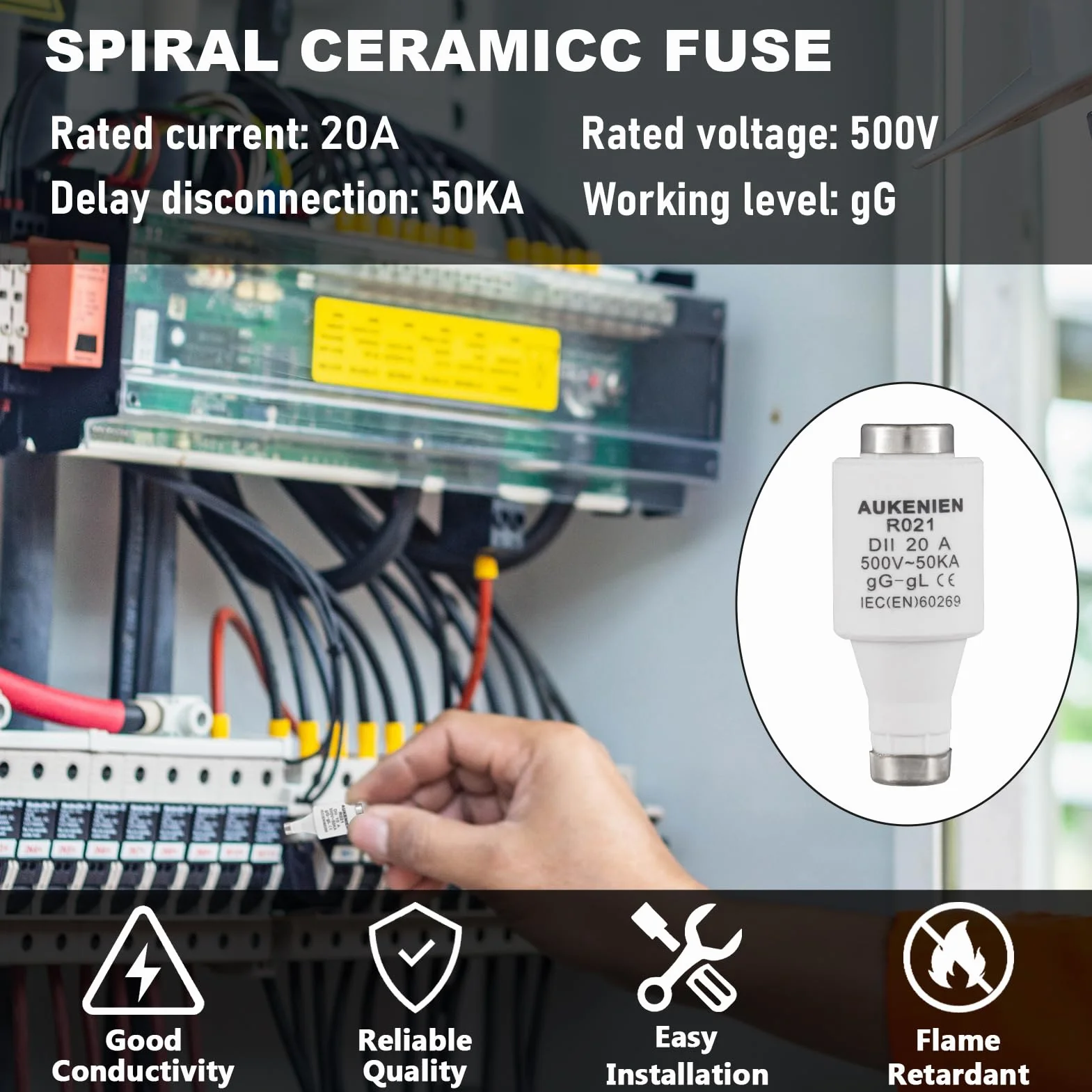 AUKENIEN DII E27 R021 Bezpieczniki ceramiczne spiralne 20A Bezpiecznik spiralny 20Amp 500V 50KA Bezpieczników Diazed Wkładki bezpiecznikowe do ochrony kabli i linii (opakowanie 10 sztuk)