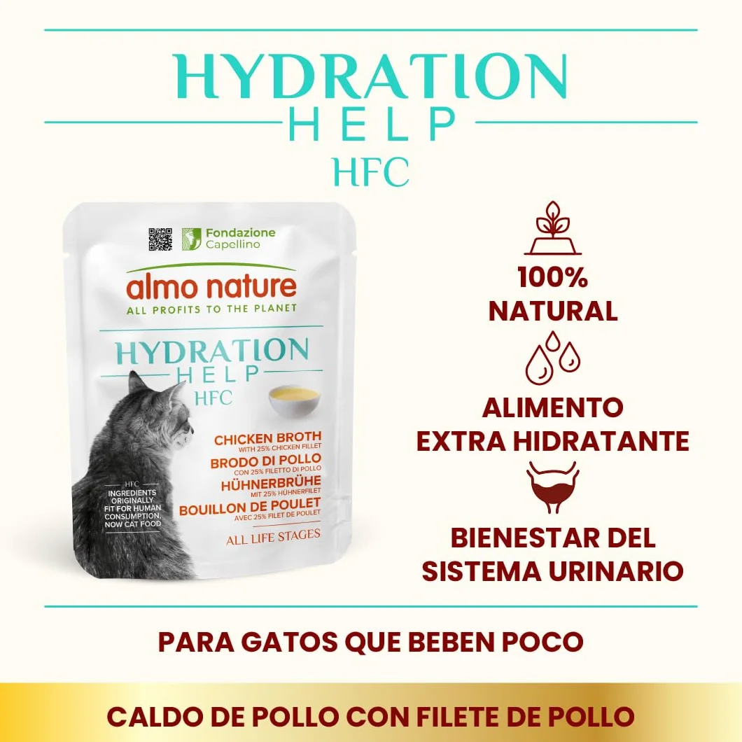 Almo Nature HFC Hydration Help, mokra karma dla kotów - bulion z kurczaka i filet z kurczaka - opakowanie 1,2 kg (24 x 50 g)