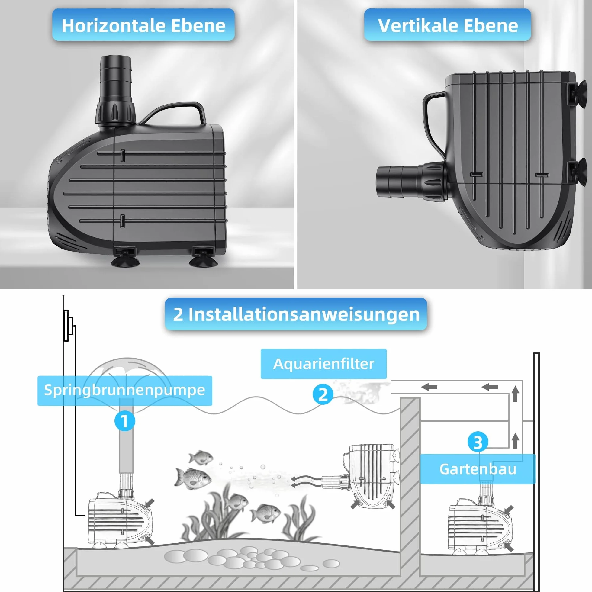Billing Ultralekka pompa do oczka wodnego z filtrem, 80 W, 4500 l/h, pompa do fontanny, pompa do akwarium, do stawu, fontanny, pompa głębinowa do fontann, pompa do fontann i fontann