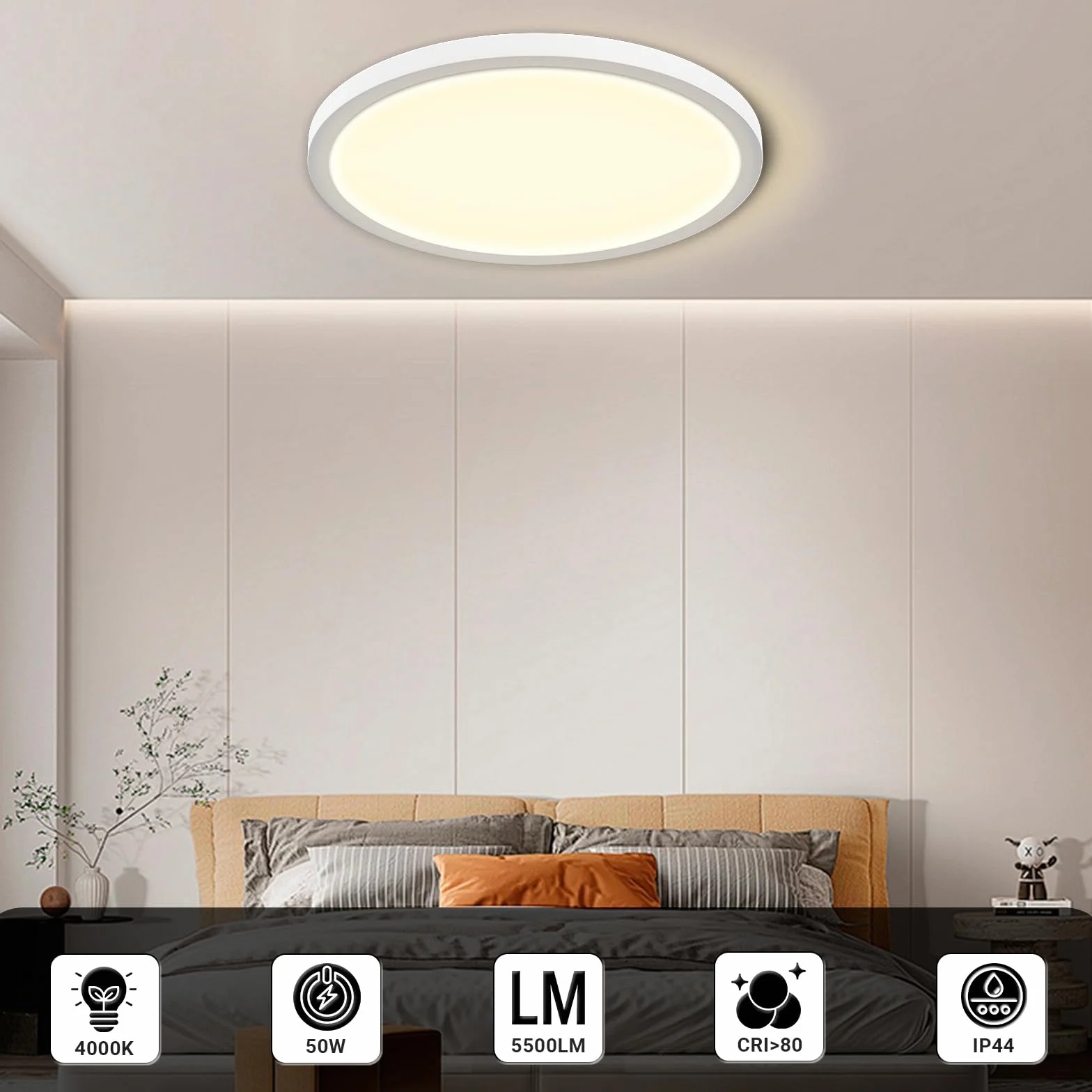 LQWELL® Lampa sufitowa LED, wodoodporna IP44, okrągła, płaska, 50W, 4000K, 5500LM, nowoczesna, prosta, cienka, do salonu, łazienki, sypialni, kuchni, balkonu, piwnicy, 600 * 25 mm