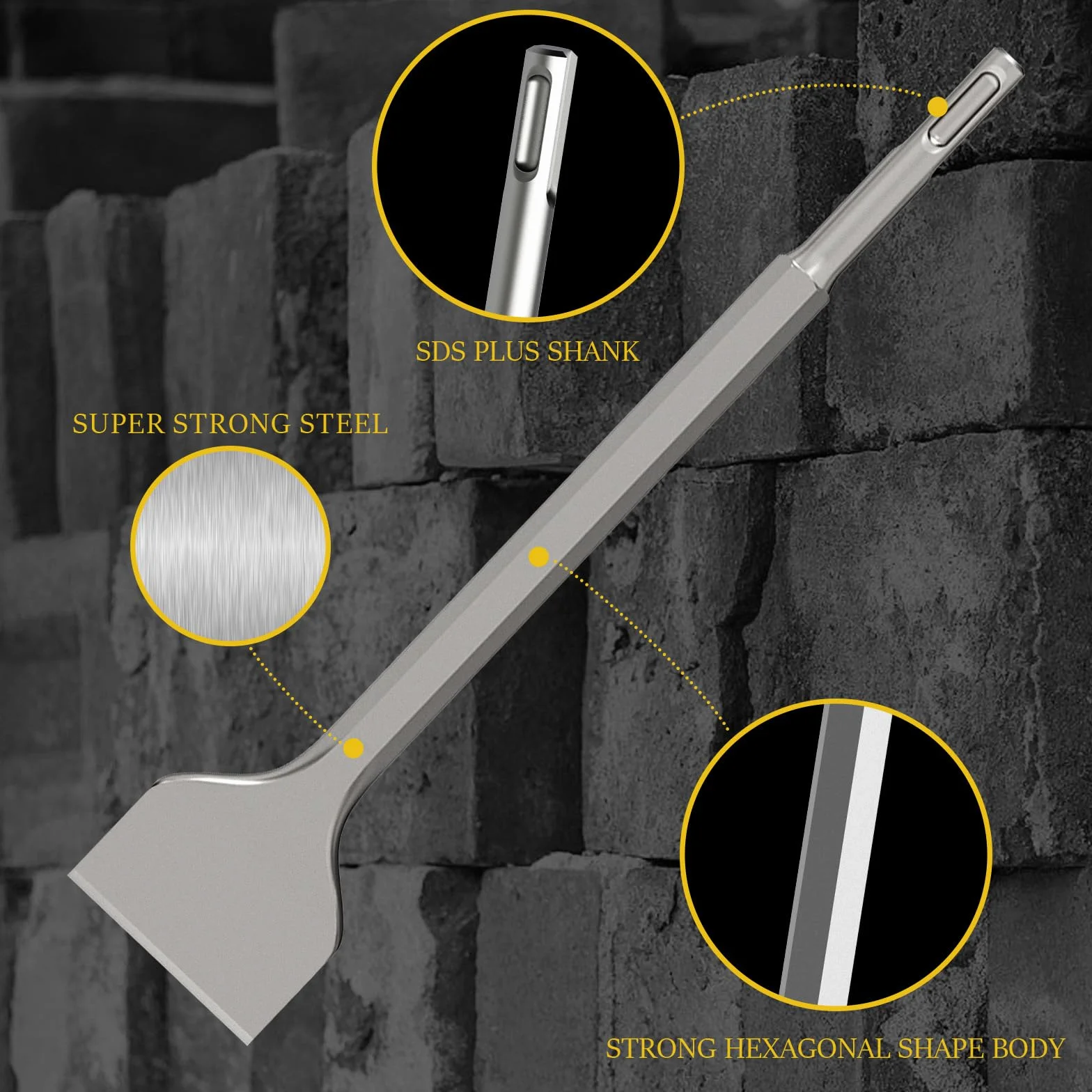 ROELLY Zestaw Dłut Udarowych, Zestaw 4 Szt. 250 mm, Zestaw Dłut (Zawiera 1x Dłuto Płaskie, 1x Dłuto do Płytek, 1x Dłuto do Cięcia Płytek, 1x Dłuto Szpiczaste), do Płytek Ceramicznych, Betonu