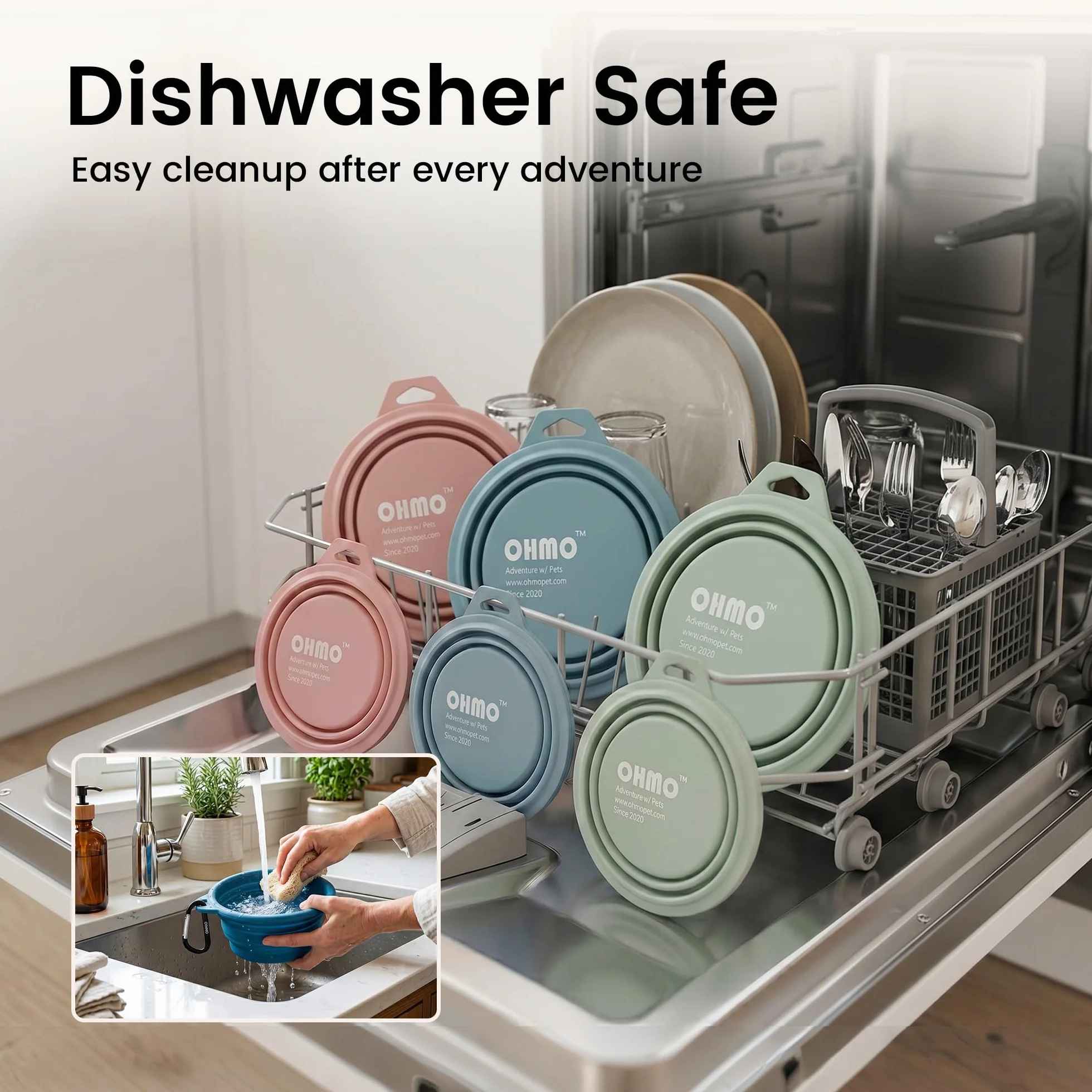 OHMO Składana miska na wodę dla psa 800 ml, duża, podróżna, przenośna silikonowa miska na jedzenie i wodę, karmienie zwierząt domowych, na kemping, wędrówki z haczykiem