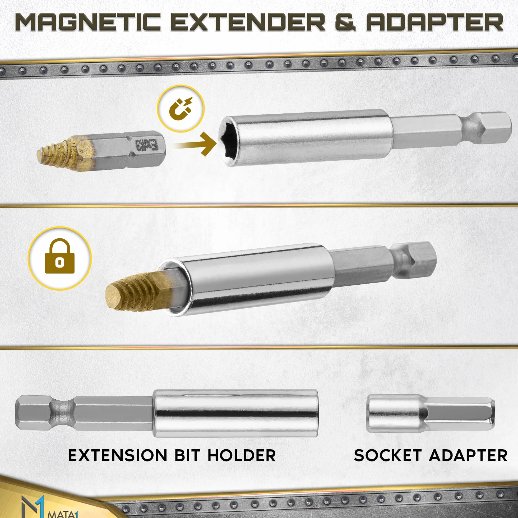 Titanium Screw Extractor Set for Broken & Damaged Screws - 22 pc, Silver & Gold - Remover Kit with Drill Bits, Extractors, Bit Extension & Socket Adapter