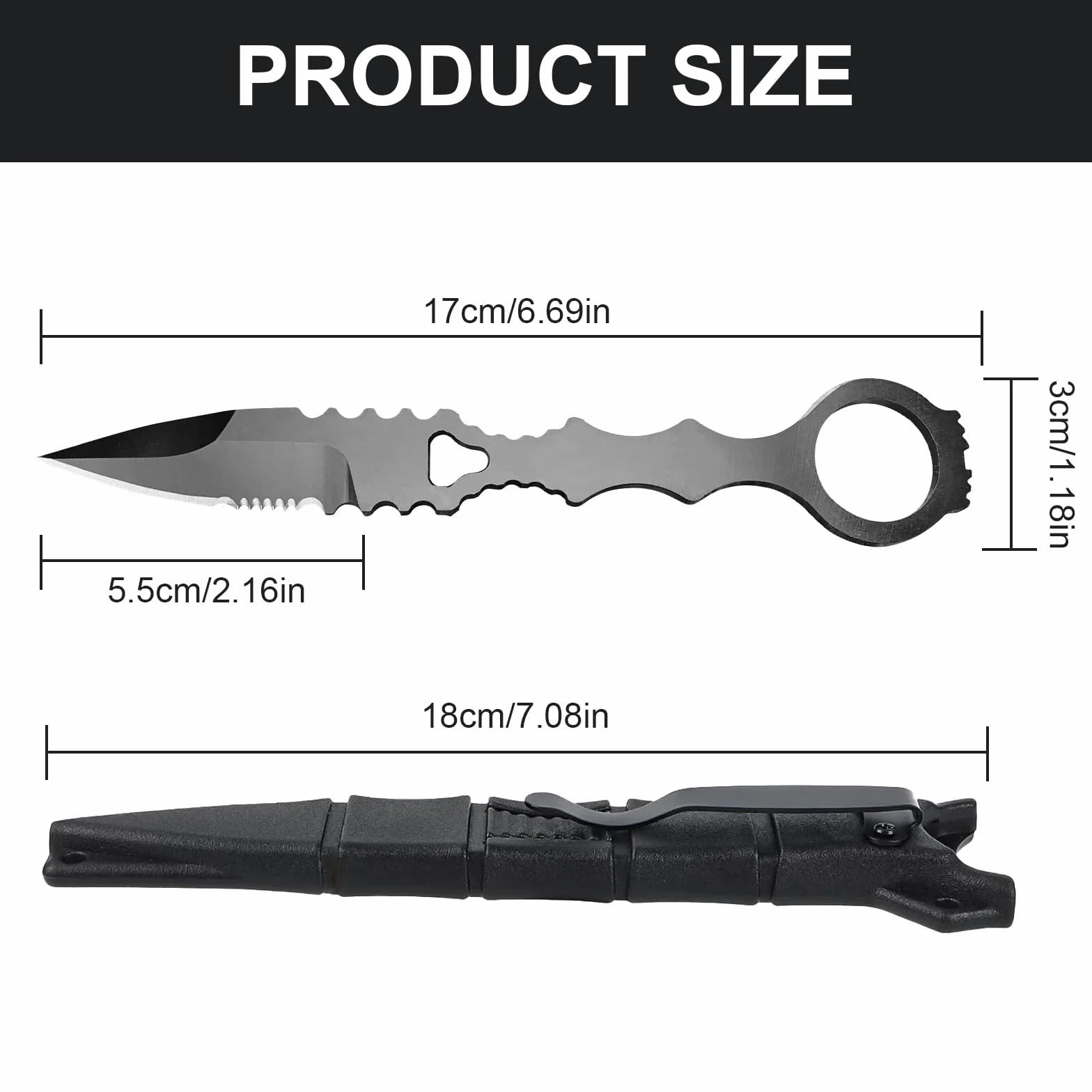 EDC Messer mit Kydex Scheide, 17 CM Feststehende Tactical Faustmesser, Verstecktes Stiefelmesser