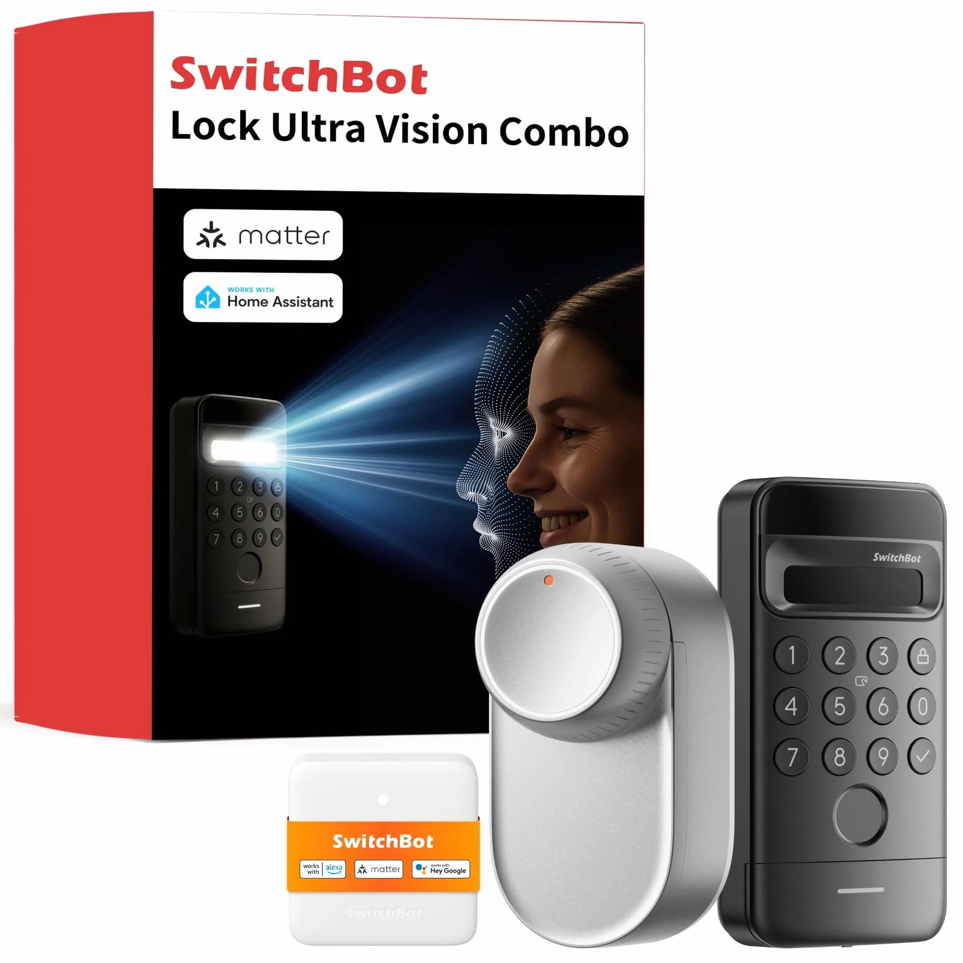 SwitchBot Smart Lock Ultra WLAN Smart Lock Ultra z Keypad Vision, rozpoznawanie twarzy i linii papilarnych 3D, elektroniczny zamek do drzwi z akumulatorem do ładowania, otwieranie za pomocą twarzy