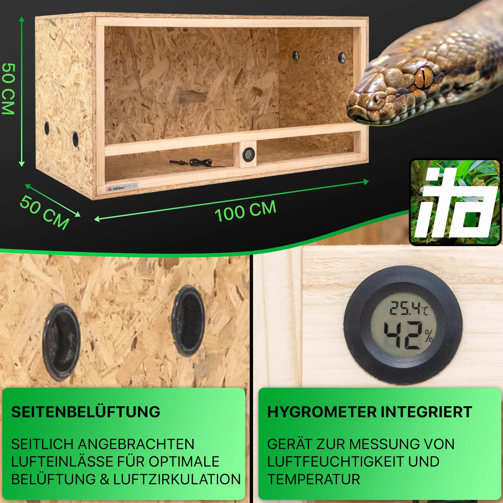 ITA Drewniane terrarium 100 x 50 x 50 cm ze zintegrowaną wentylacją i higrometrem, drewniane terrarium OSB-3, dla gadów, węży, płazów - produkt UE, certyfikat FSC