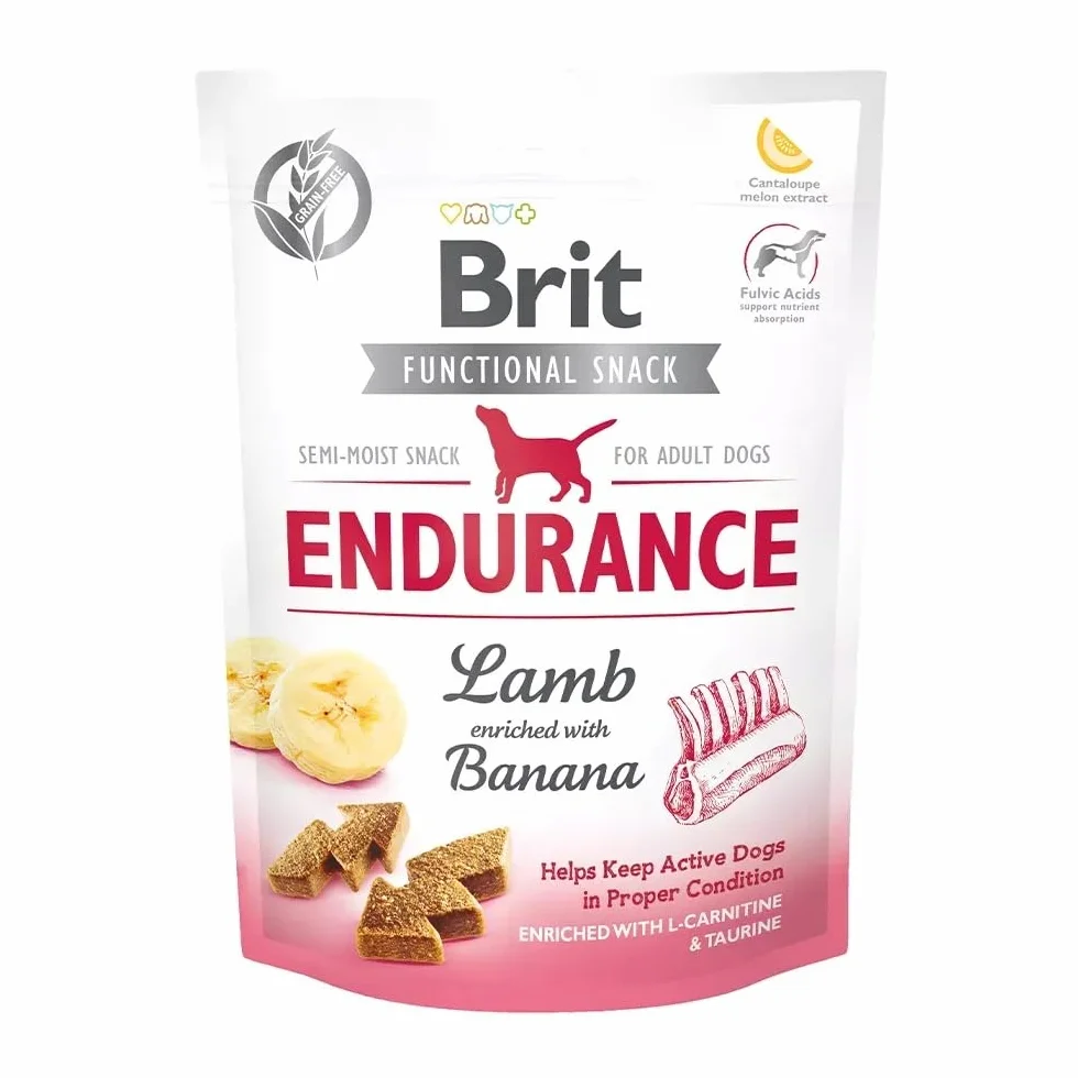 Brit Functional Snack Endurance, półnawilżająca przekąska dla psów z jagnięciną i bananem, L-karnityną i tauryną, 150 g