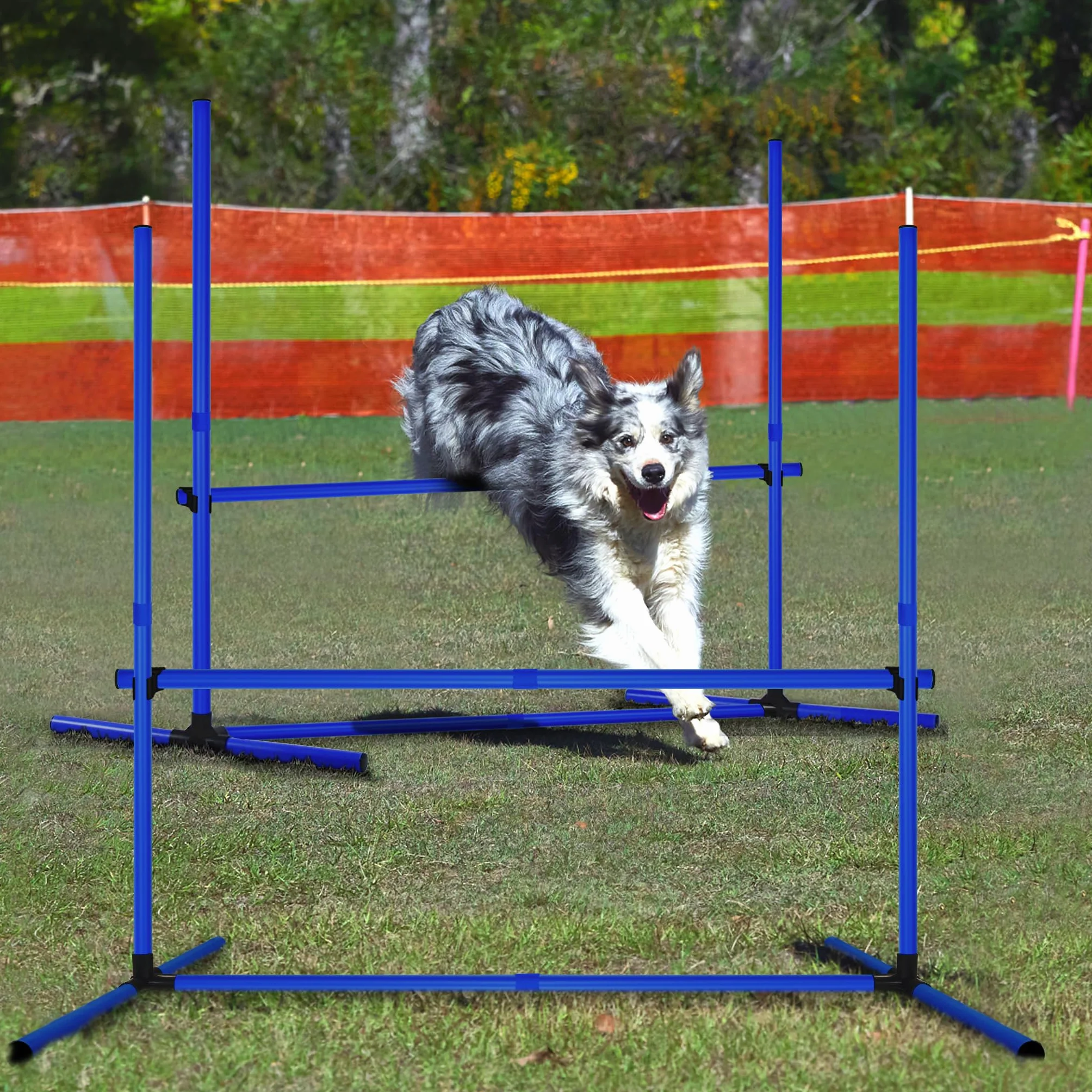 Agility zestaw płotek dla psów, pręty slalomowe, wyposażenie do treningu psów z 4 płotkami z regulacją wysokości, 104 x 70 x 101 cm, niebieski