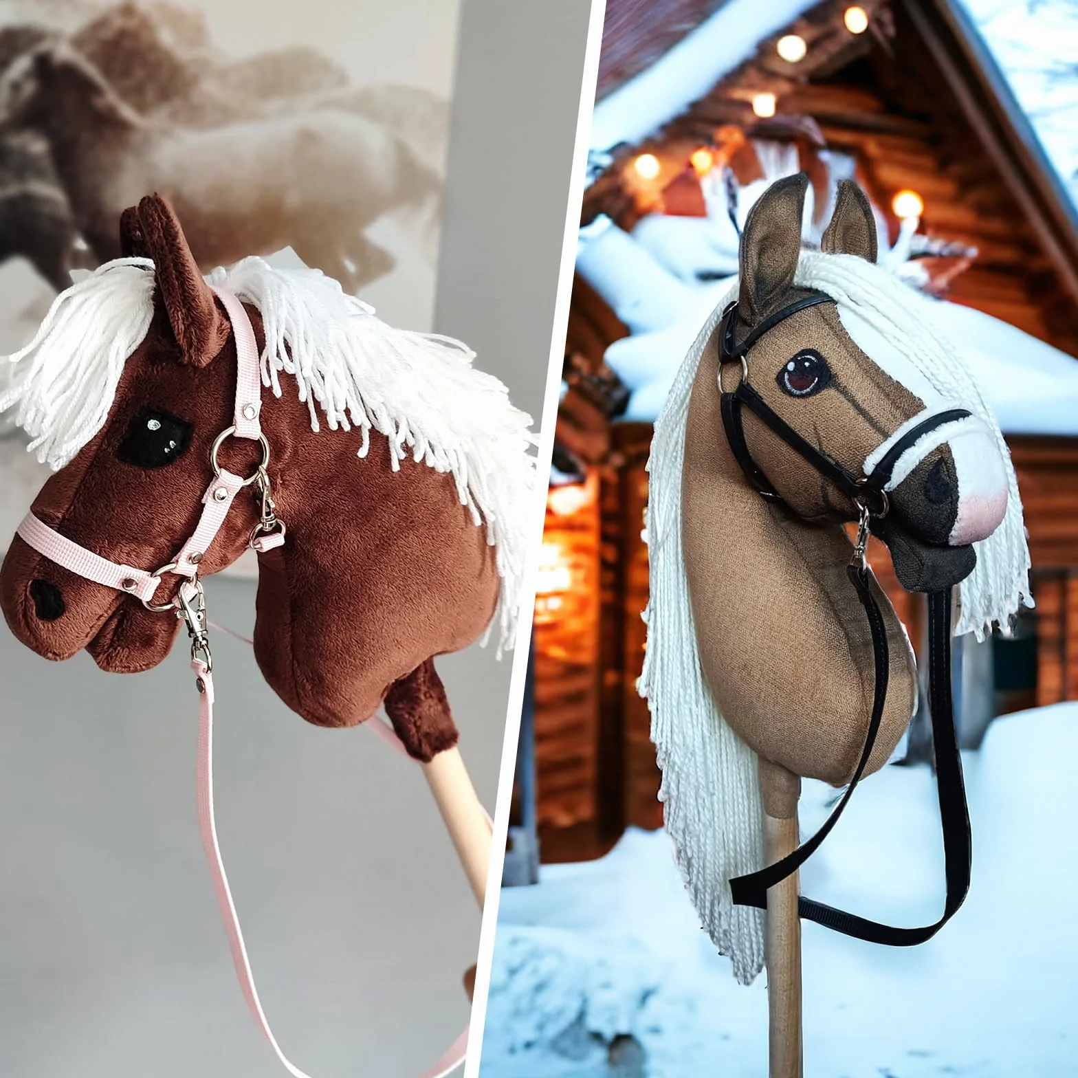BINYI Hobby Horse uzda dla koni, akcesoria, trense, koń, dzianina, 3 pary cugli, kucyk, zestaw 120 cm, uzda do konia kijowego, drewnianego, z karabińczykiem (3 kolory)