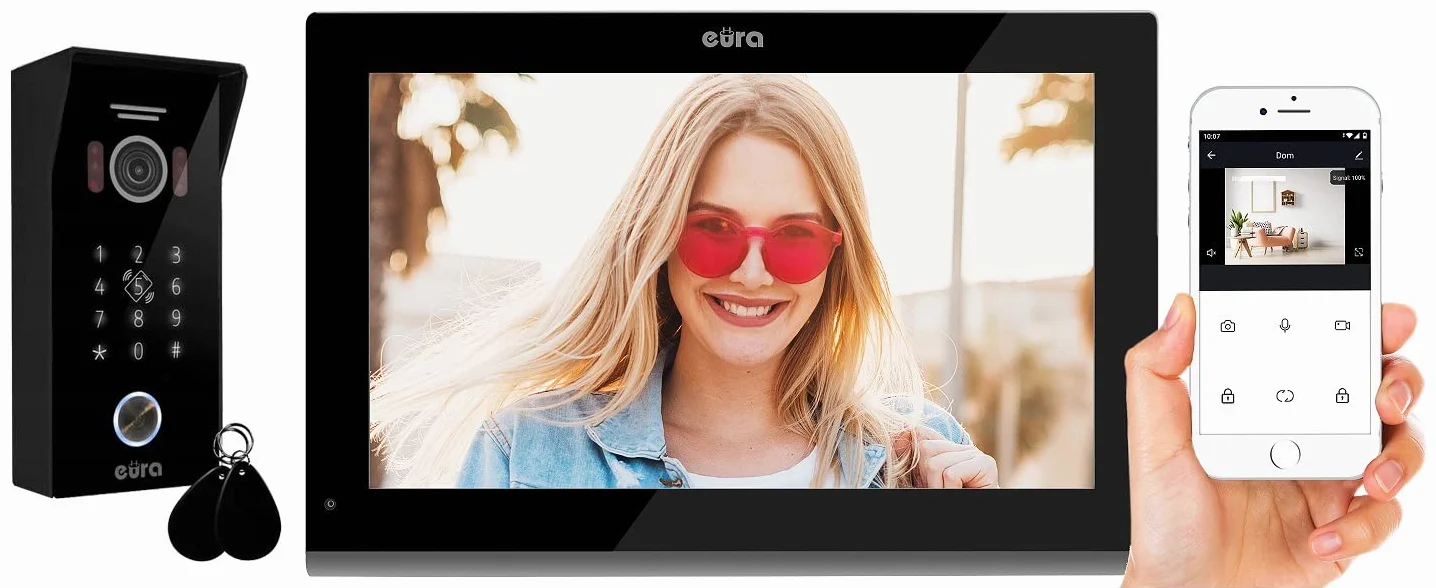 EURA VDP-99C5 4-przewodowy wideodomofon, kolorowy monitor 10", 2 wejścia, WiFi, szyfrowanie, RFID, 1080p, czarny