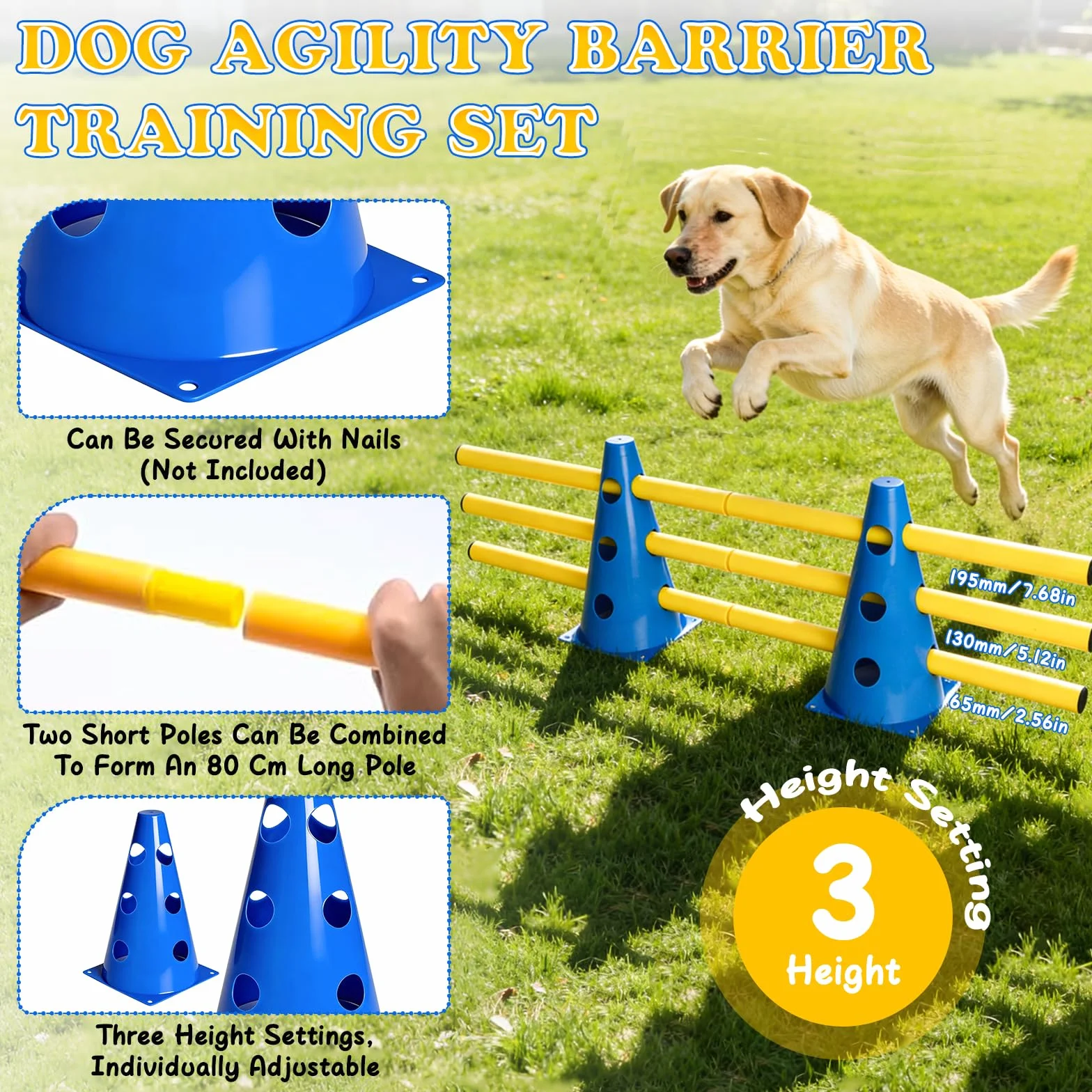 Agility Zestaw praktycznych przeszkód wtykowych dla psów, duże płotki Cavaletti, zestaw płotek dla, regulowane płotki do gry w piłkę nożną, sporty konne (8 stożków o wysokości 23 cm + 8 drążków