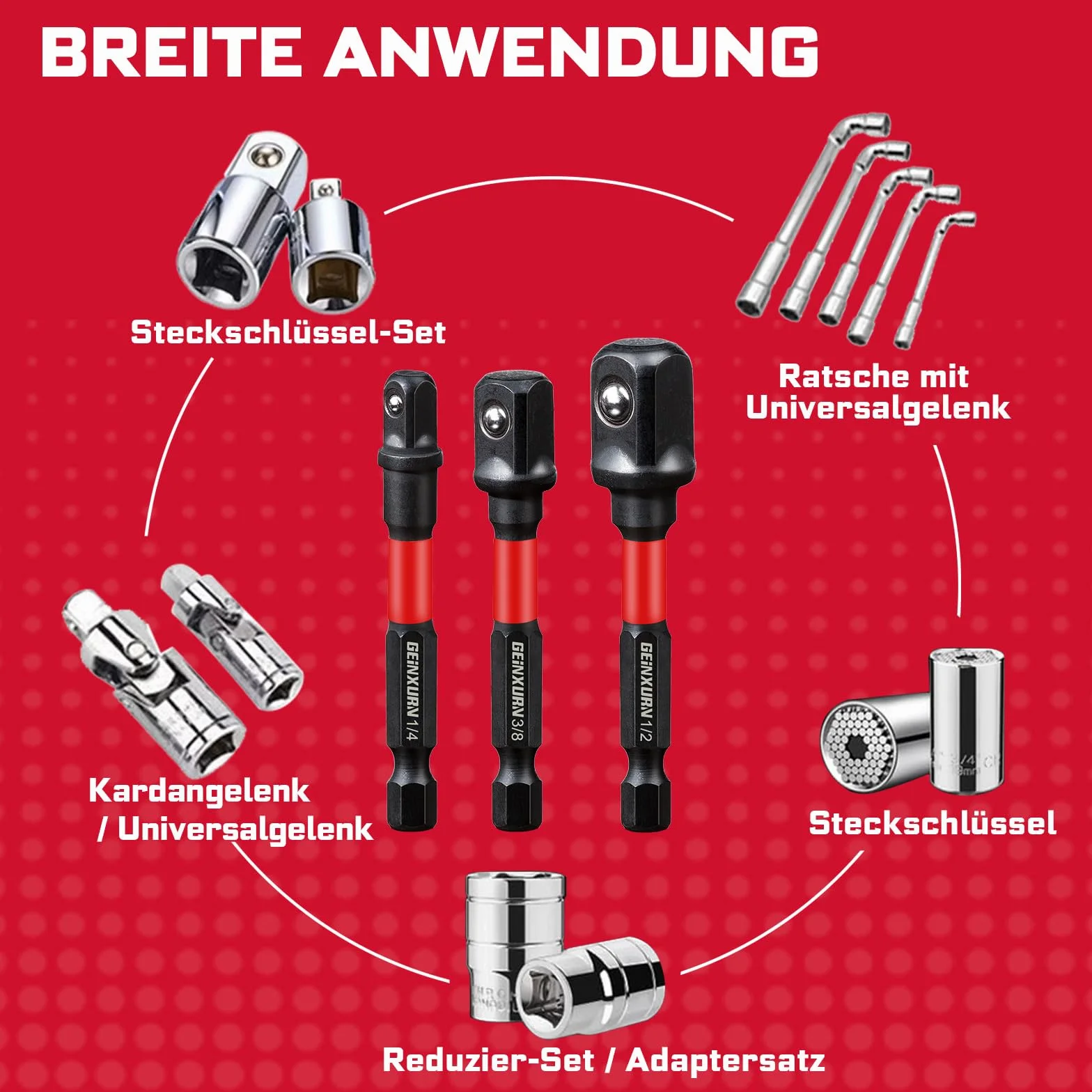Adapter do kluczy nasadowych 1/4" 3/8" 1/2" 6 sztuk 150 mm Cr-V sześciokątny czworokątny do wiertarki i wkrętarki