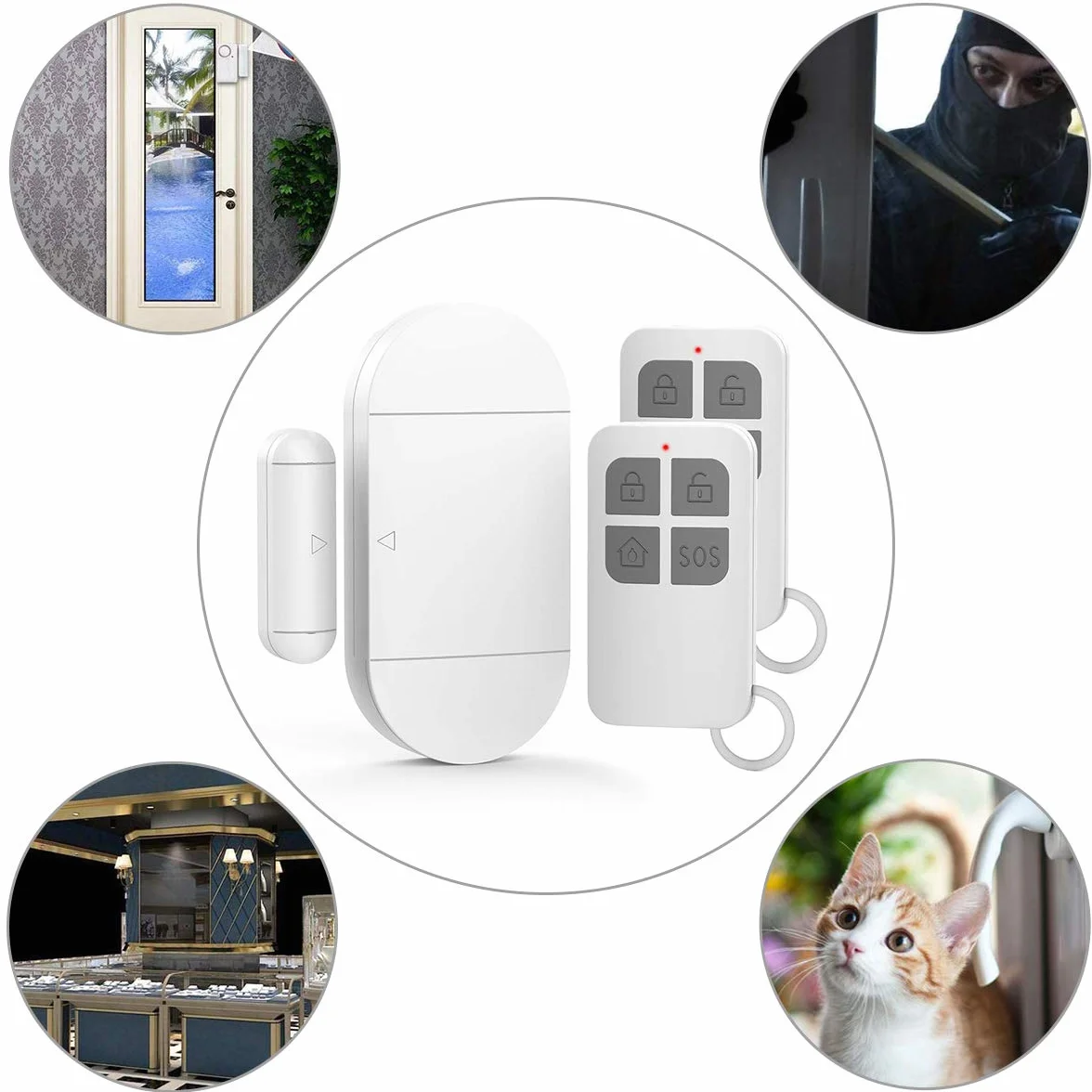 GuDoQi Czujnik alarmu drzwi, bezprzewodowy zdalny alarm okienny, 2 piloty zdalnego sterowania, syrena 130 dB, magnetyczny czujnik bezpieczeństwa, alarm włamaniowy, system bezpieczeństwa do domu