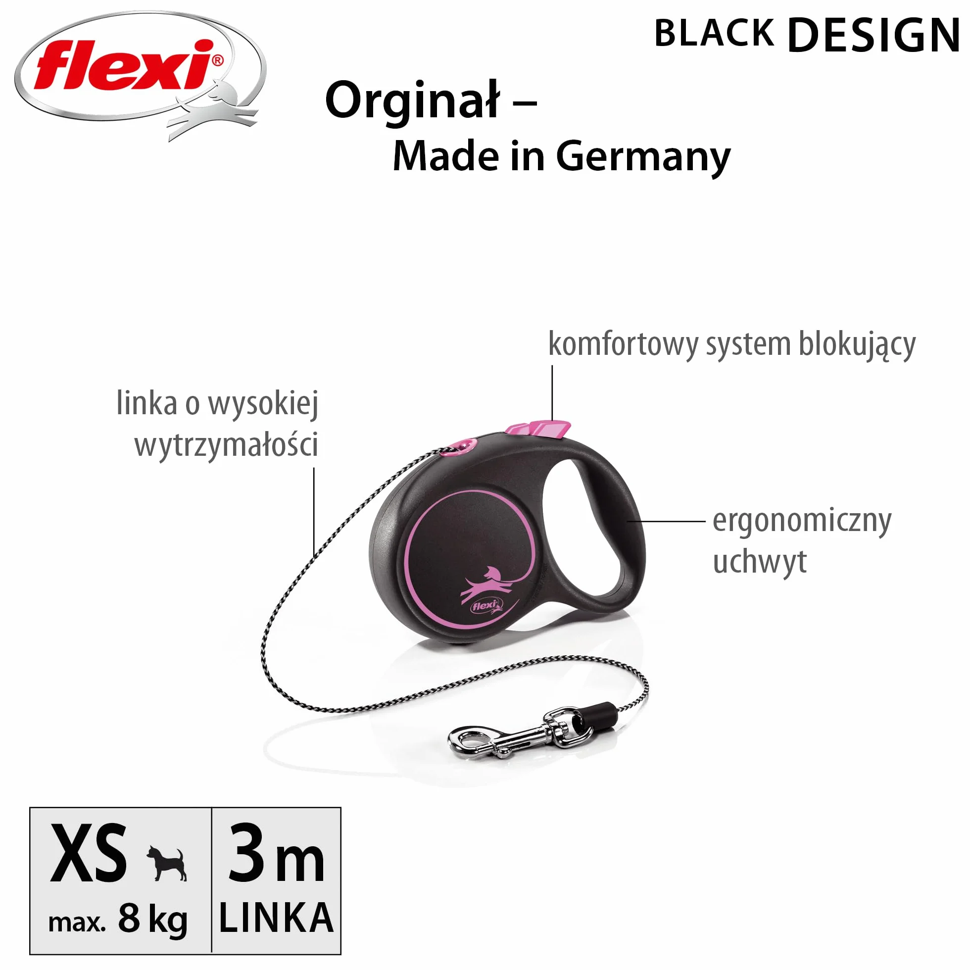 Flexi, model smyczy w kolorze czarnym, wersja ze sznurkiem, nowoczesny i ergonomiczny kształt, zaawansowany system prowadzenia, zwijana smycz, wyprodukowano w Niemczech, czarno-różowy, XS - 3m