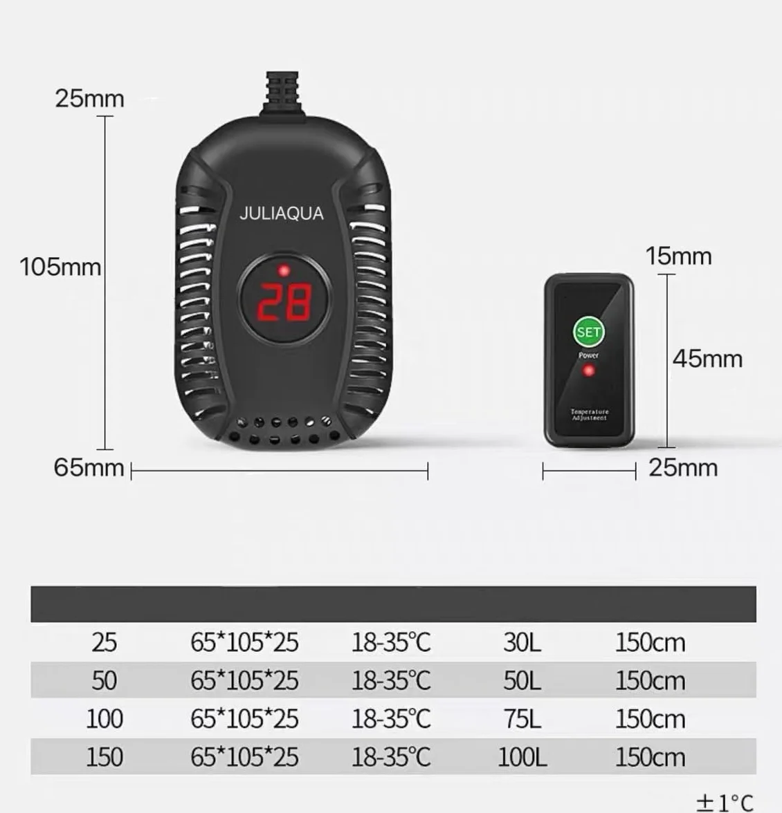 Chauffage d'Aquarium avec Affichage de la Température, Tige Chauffante pour Poissons et Tortue 100W (G-100W)