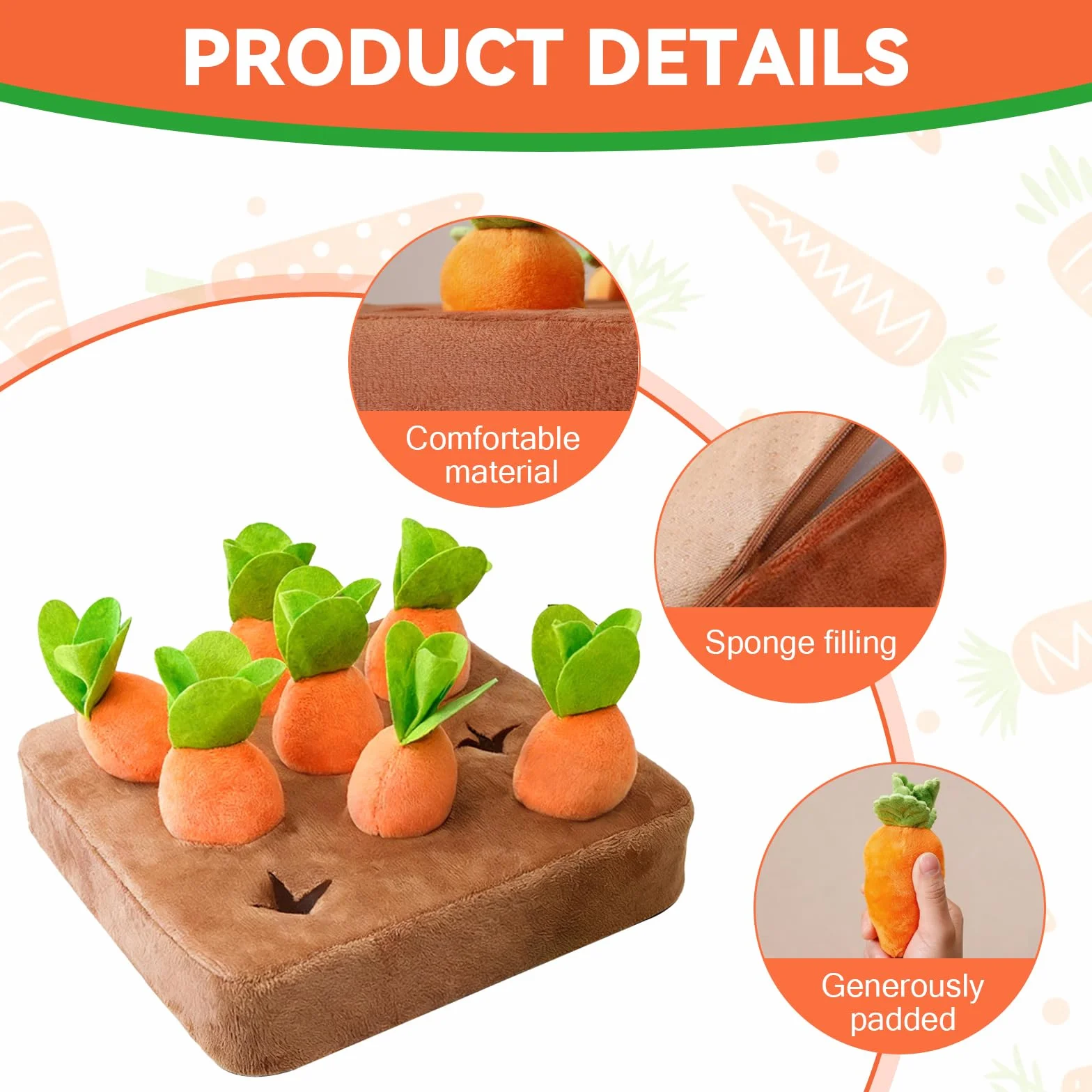 Carrot Dog Play, mata zapachowa dla psa z 9 marchewkami, pluszowa zabawka zapachowa dla psów, do zabawy i stymulacji umysłowej psa, dla małych, średnich i dużych psów